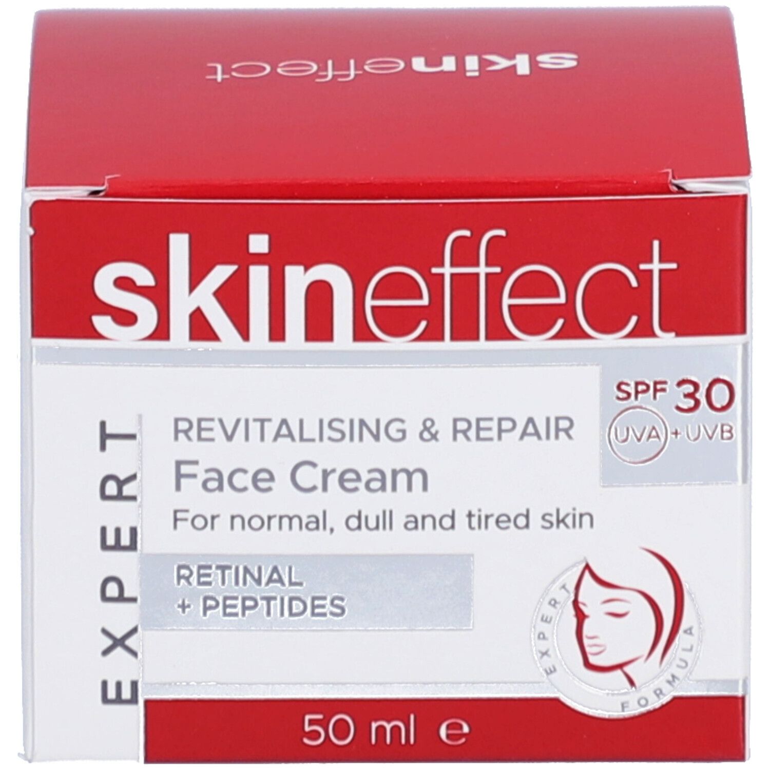 Boîte rouge avec inscription : skineffect, Crème Visage Revitalisante & Réparatrice, SPF 30. Logo.