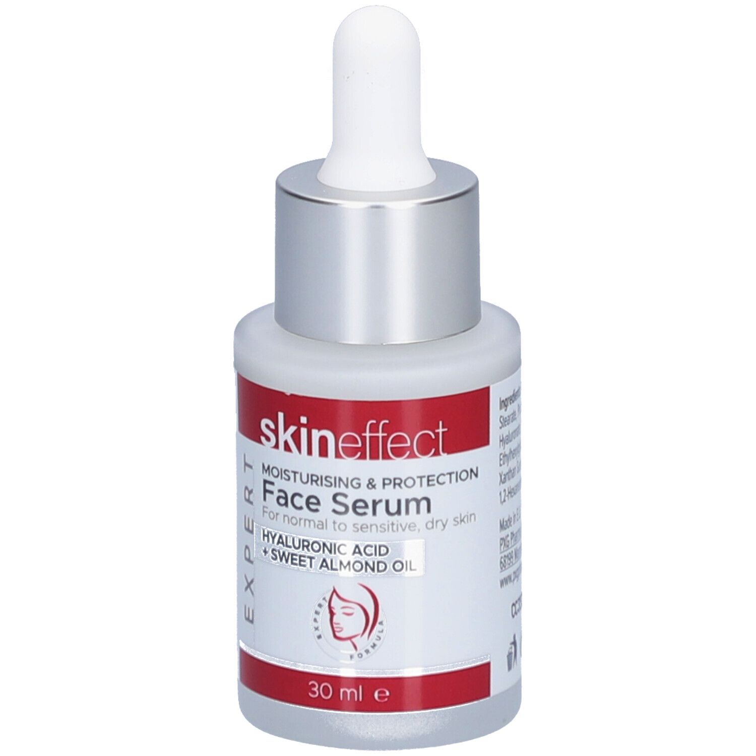 Flacon de sérum pour le visage avec pipette. Verre blanc, bouchon argenté, étiquette rouge avec texte: skin effect, Face Serum, 30 ml.