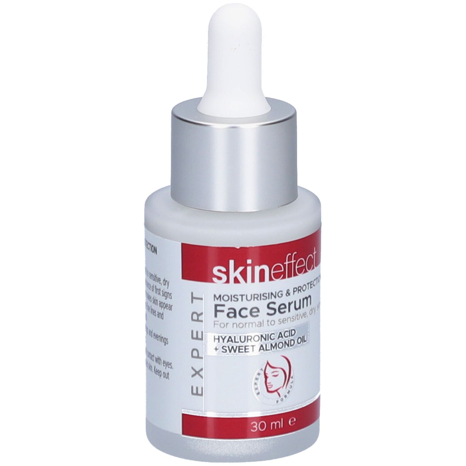 Flacon de sérum pour le visage avec pipette. Verre blanc, bouchon argenté, étiquette rouge avec texte: skin effect, Face Serum, 30 ml.