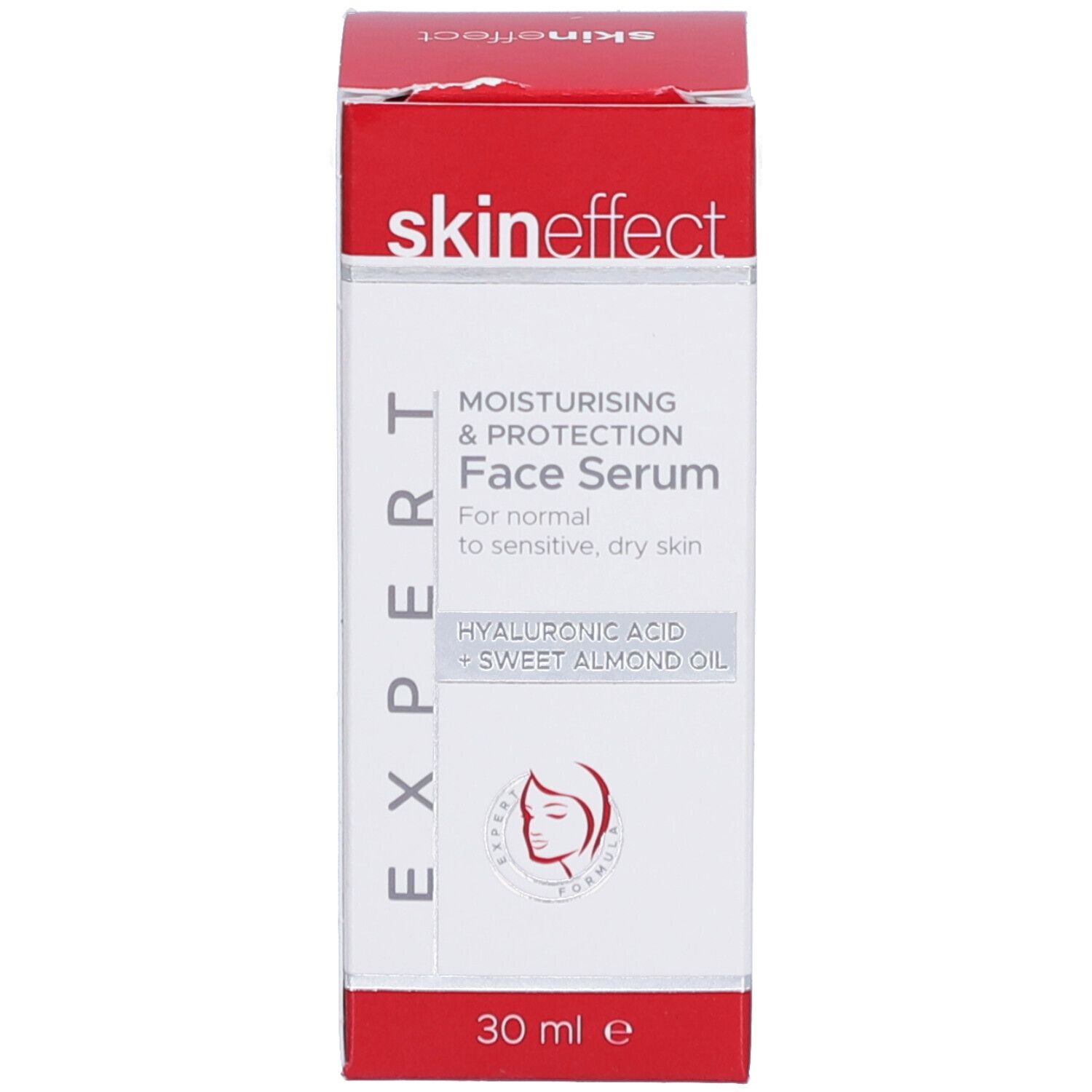Boîte de sérum pour le visage. Rouge et blanc, texte: skin effect, Face Serum, 30 ml.