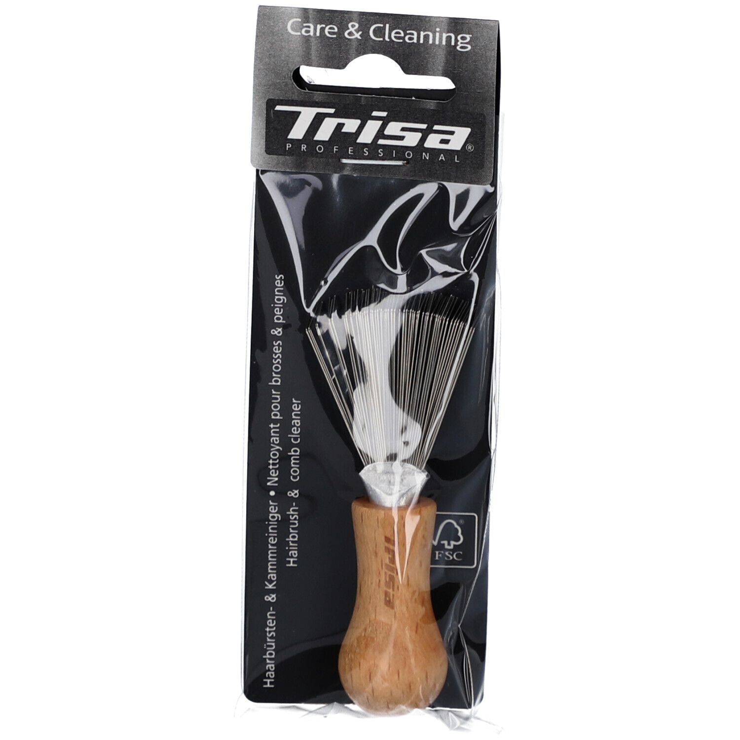 Nettoyeur de brosses et peignes. Manche en bois, picots métalliques. Emballage noir avec nom du produit et logo FSC.