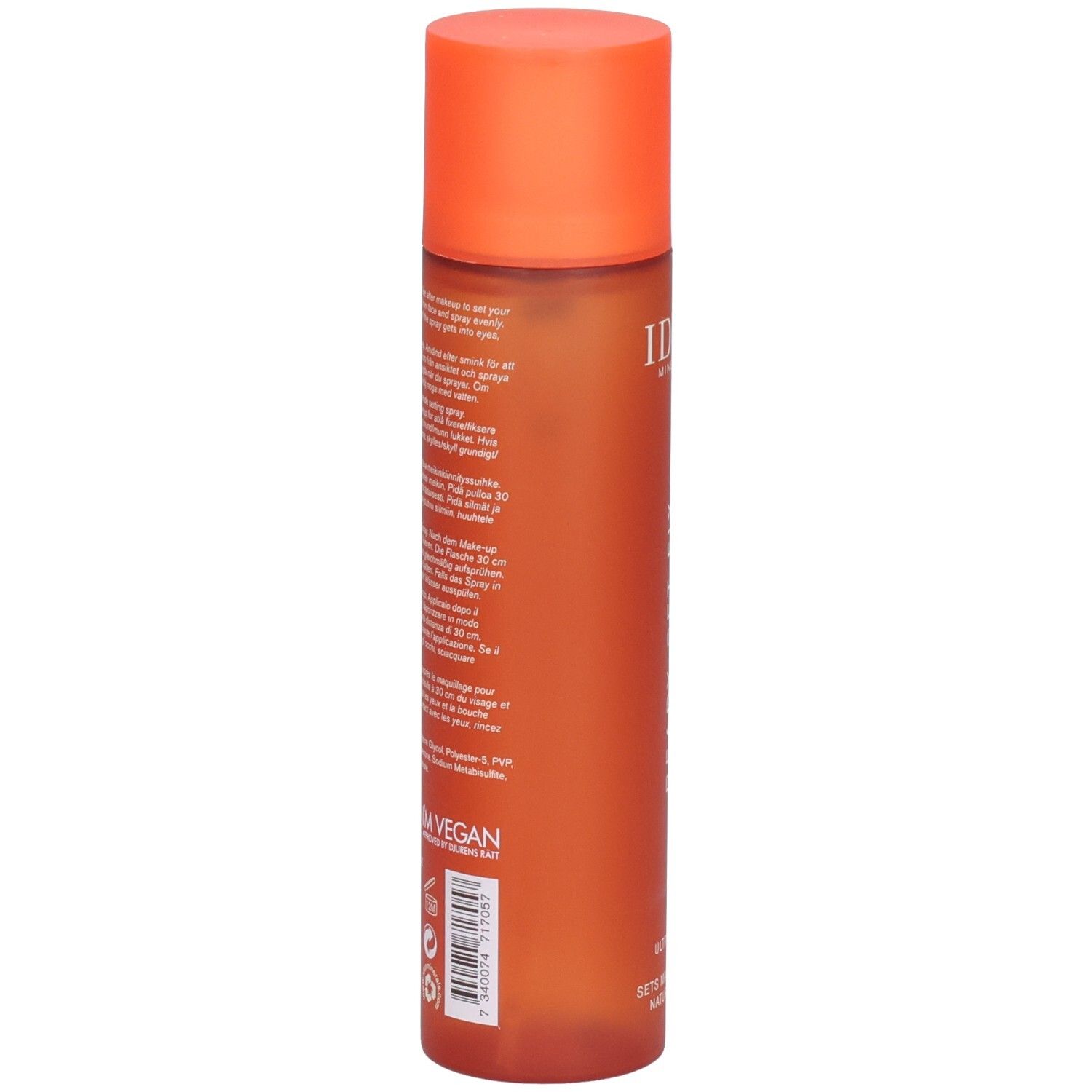 Dos du flacon spray orange. Texte multilingue. Logo végan. Code-barres.