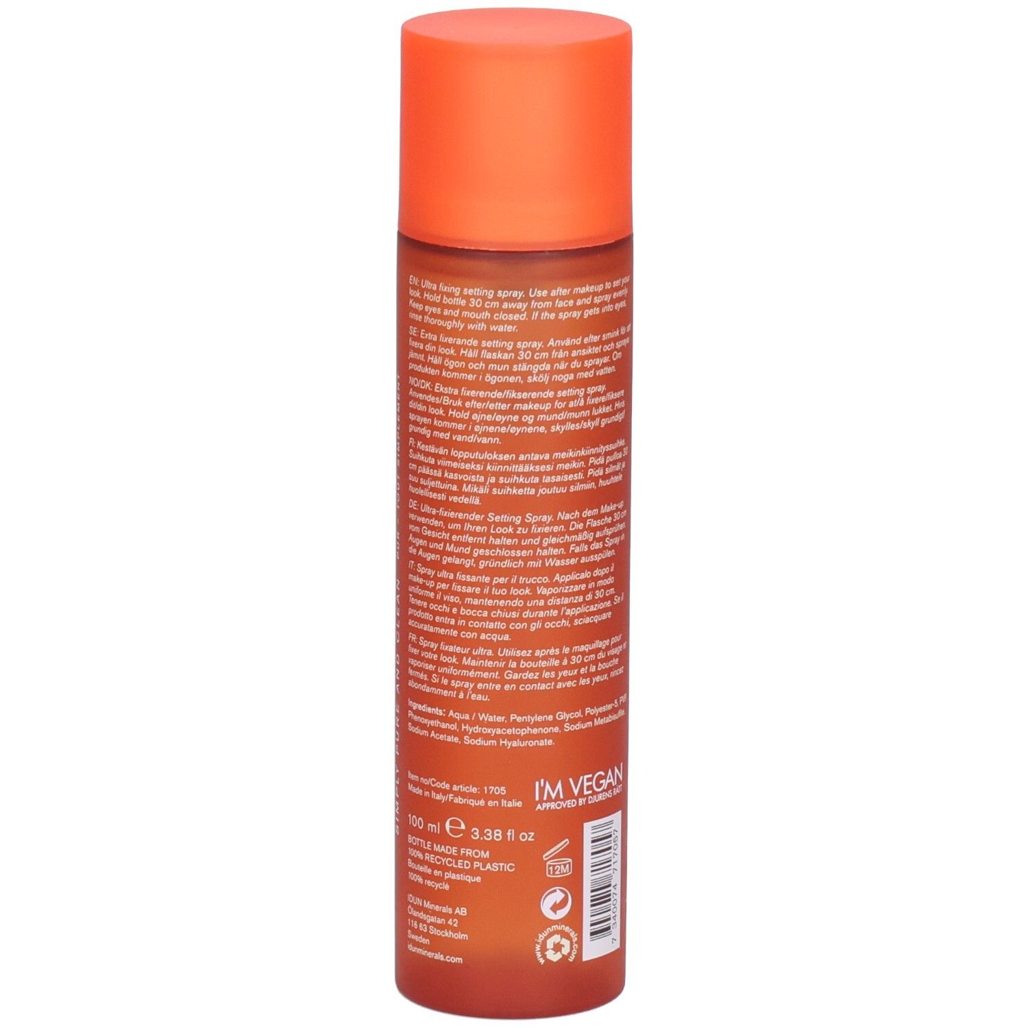 Dos du flacon spray orange. Texte multilingue. Logo végan. 100 ml. Logo recyclage.
