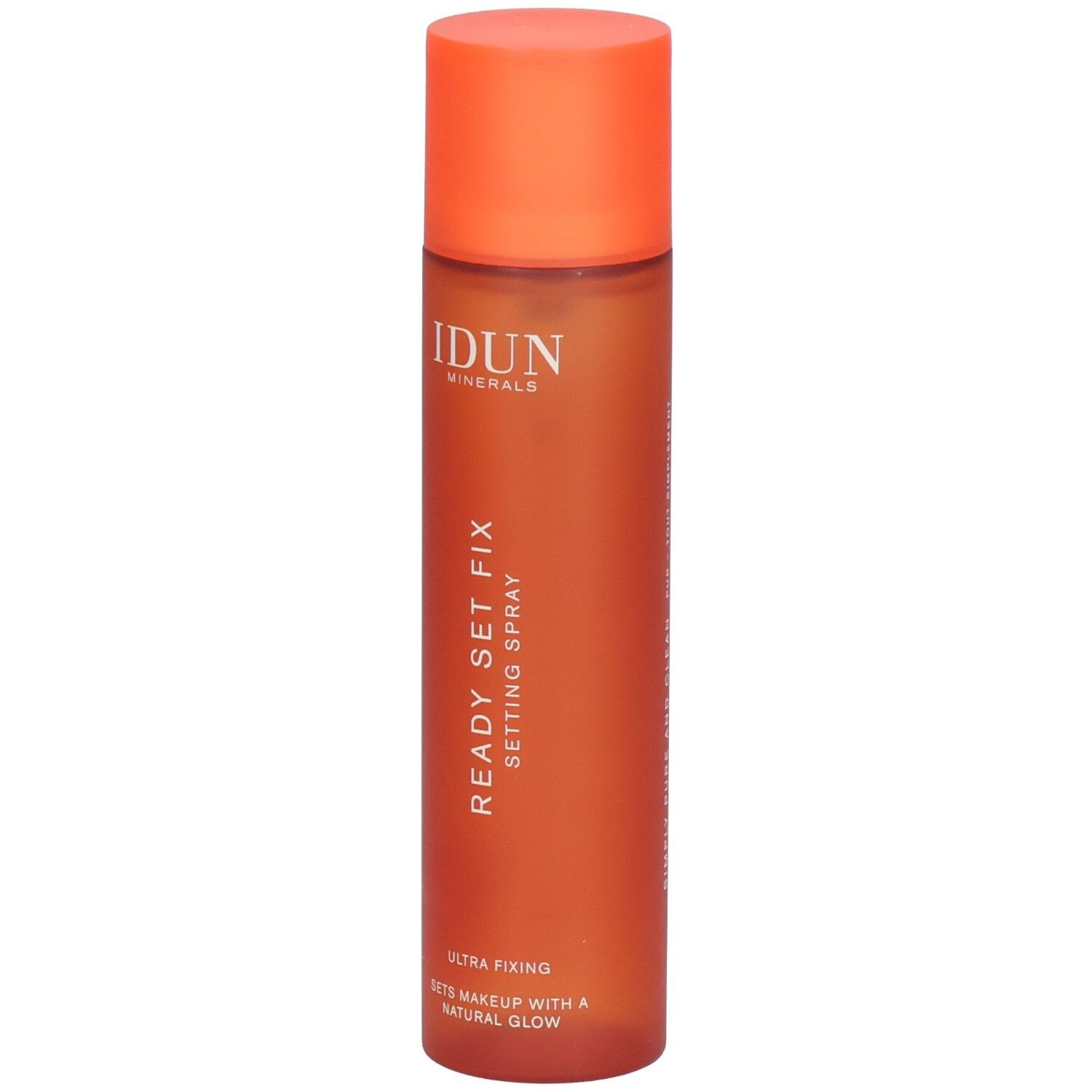 Flacon spray orange. Inscriptions: IDUN Minerals, READY SET FIX, SETTING SPRAY. Ultra Fixing. Sets Makeup with a Natural Glow.
