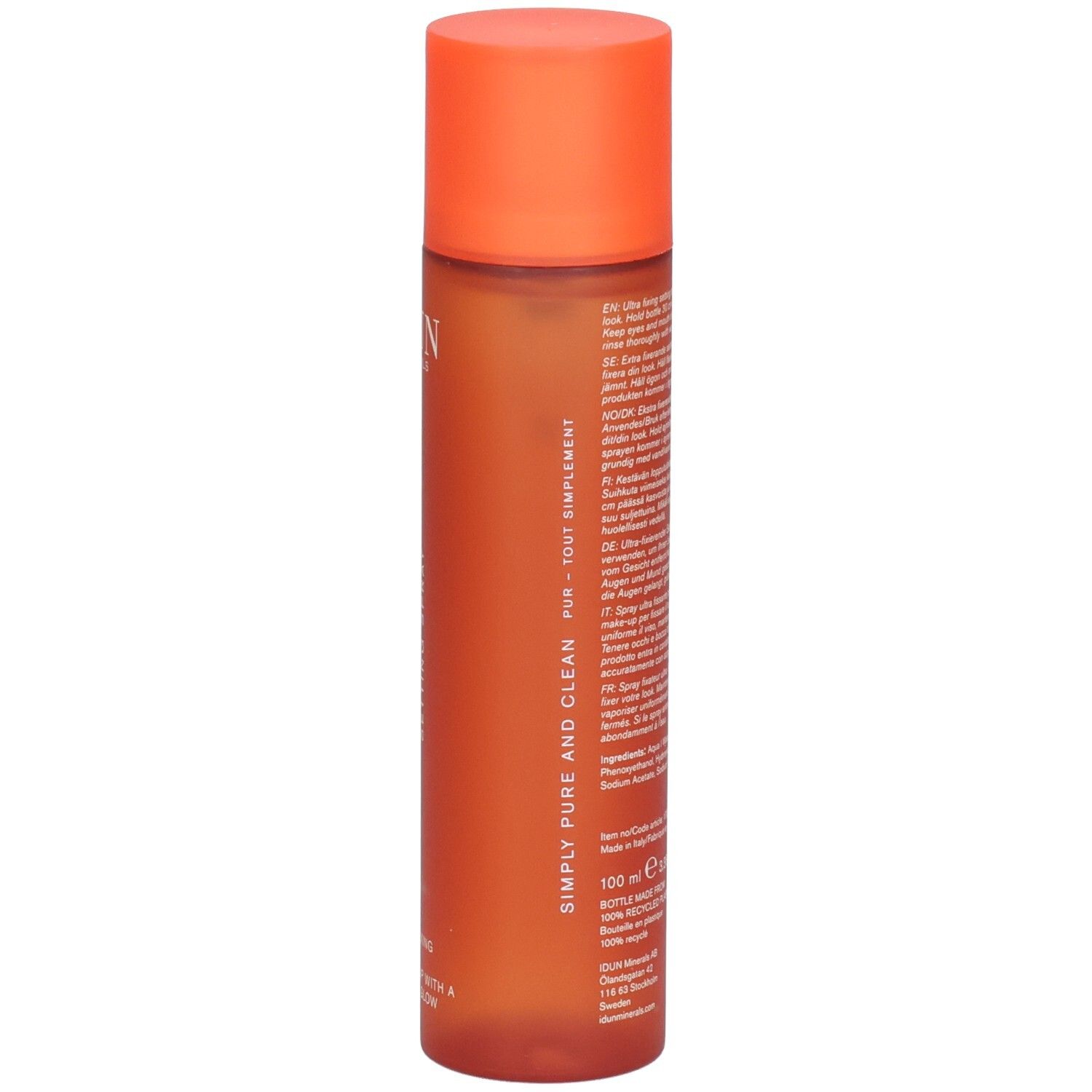 Dos du flacon spray orange. Texte multilingue. 100 ml. Logo recyclage. Logo végan.