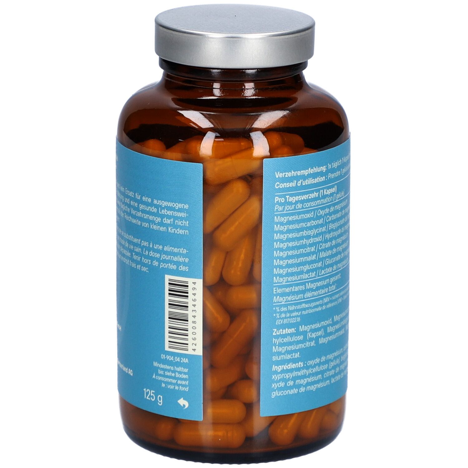 Flacon en verre brun avec gélules. Dos avec étiquette et informations. Poids : 125 g.