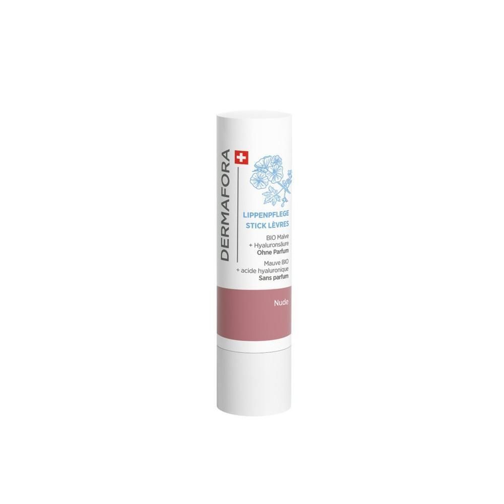Stick lèvres blanc avec bande rose. Texte: DERMAFORA, Stick lèvres, Nude. Croix suisse.