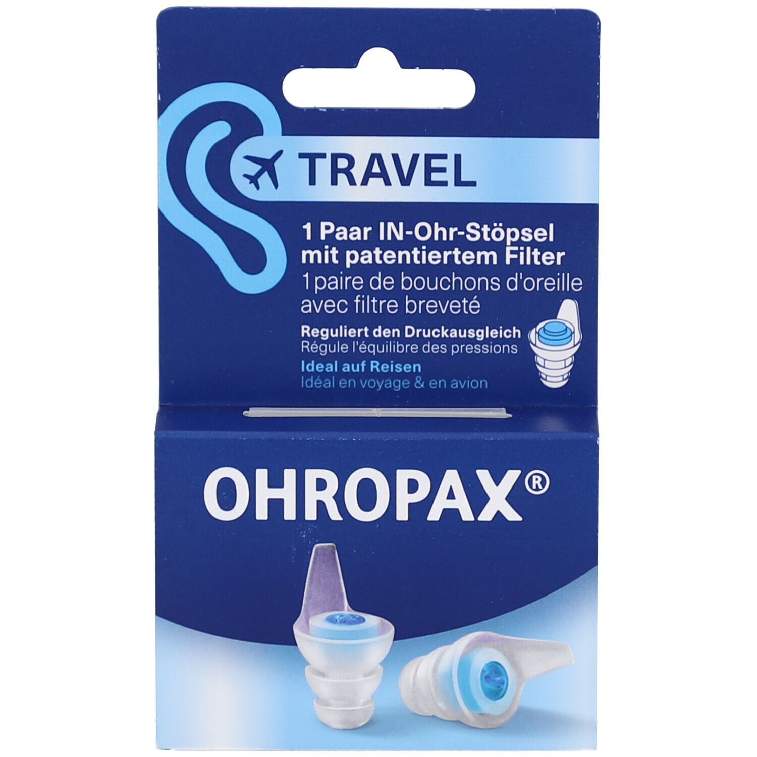 Emballage bleu et blanc avec bouchons d'oreille. Texte: OHROPAX, TRAVEL, 1 paire de bouchons d'oreille. Illustration d'une oreille et avion.