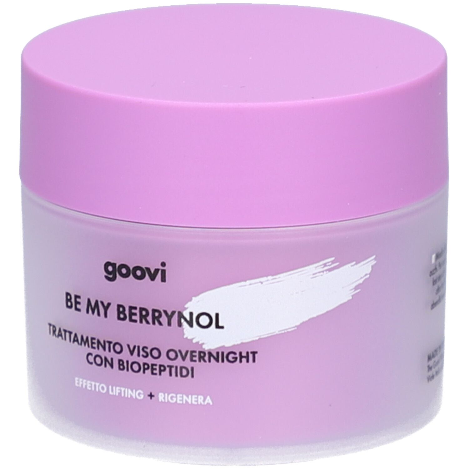 Pot de crème avec couvercle. Inscription: goovi, BE MY BERRYNOL, Trattamento viso overnight con biopeptidi. Violet et blanc.