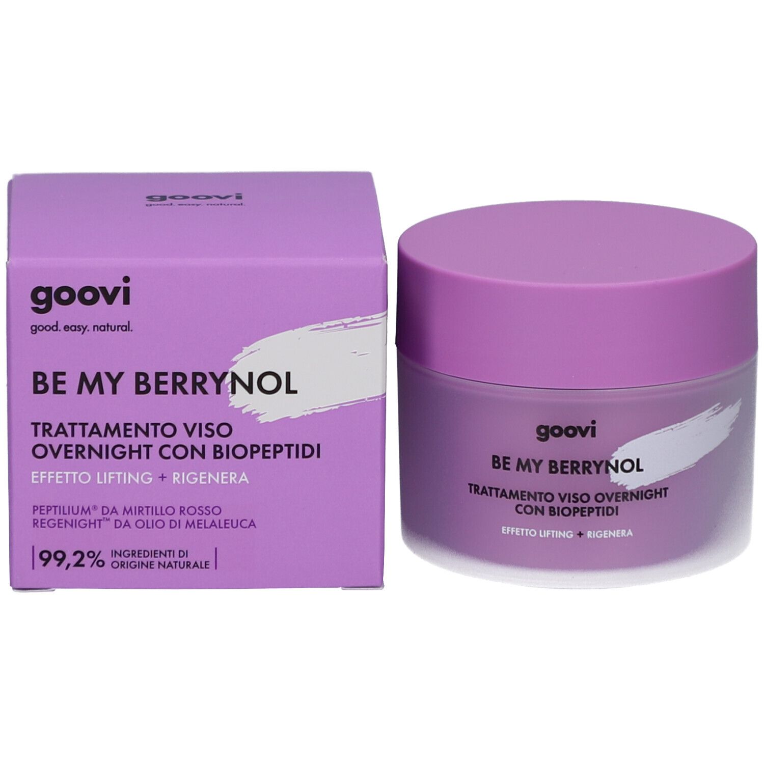 Emballage du produit et pot de crème. Inscription: goovi, BE MY BERRYNOL, Trattamento viso overnight con biopeptidi. Violet et blanc.