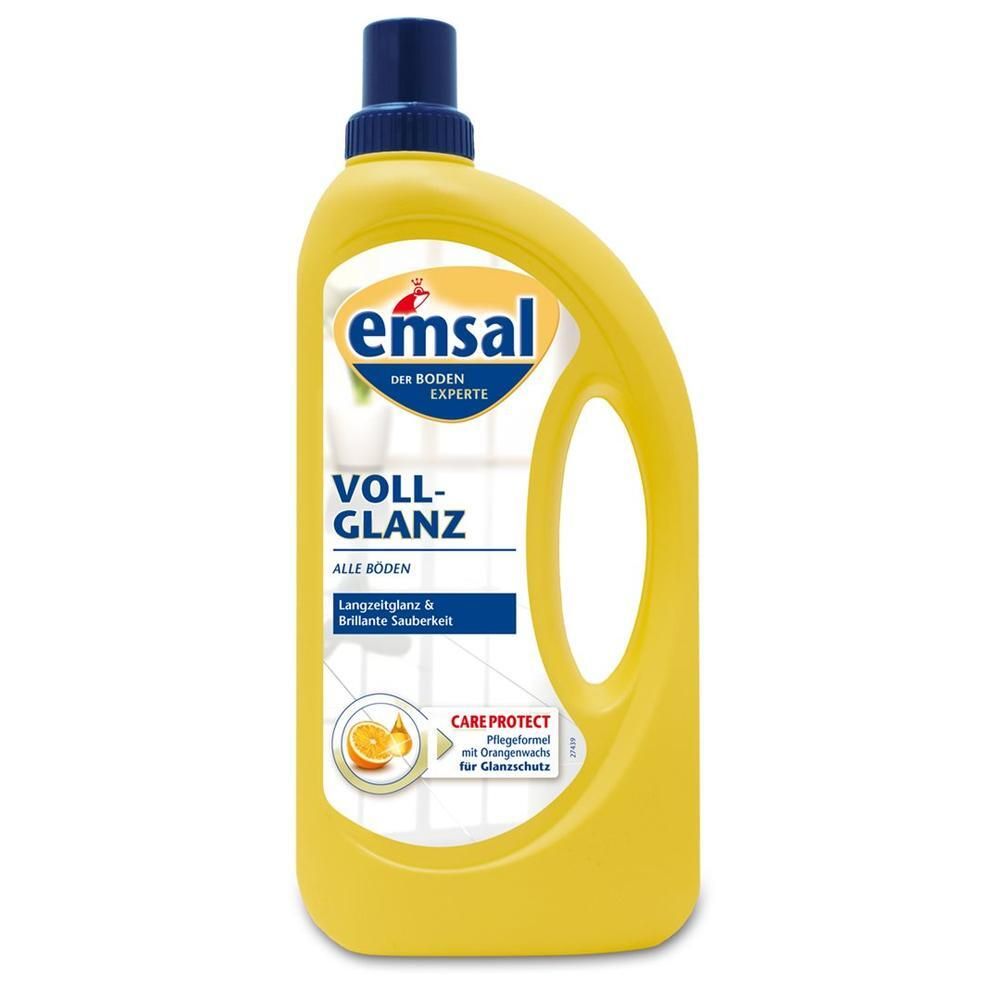 Bouteille jaune avec bouchon bleu. Inscription: Emsal Voller Glanz. Formule d'entretien à la cire d'orange. Pour tous les sols.