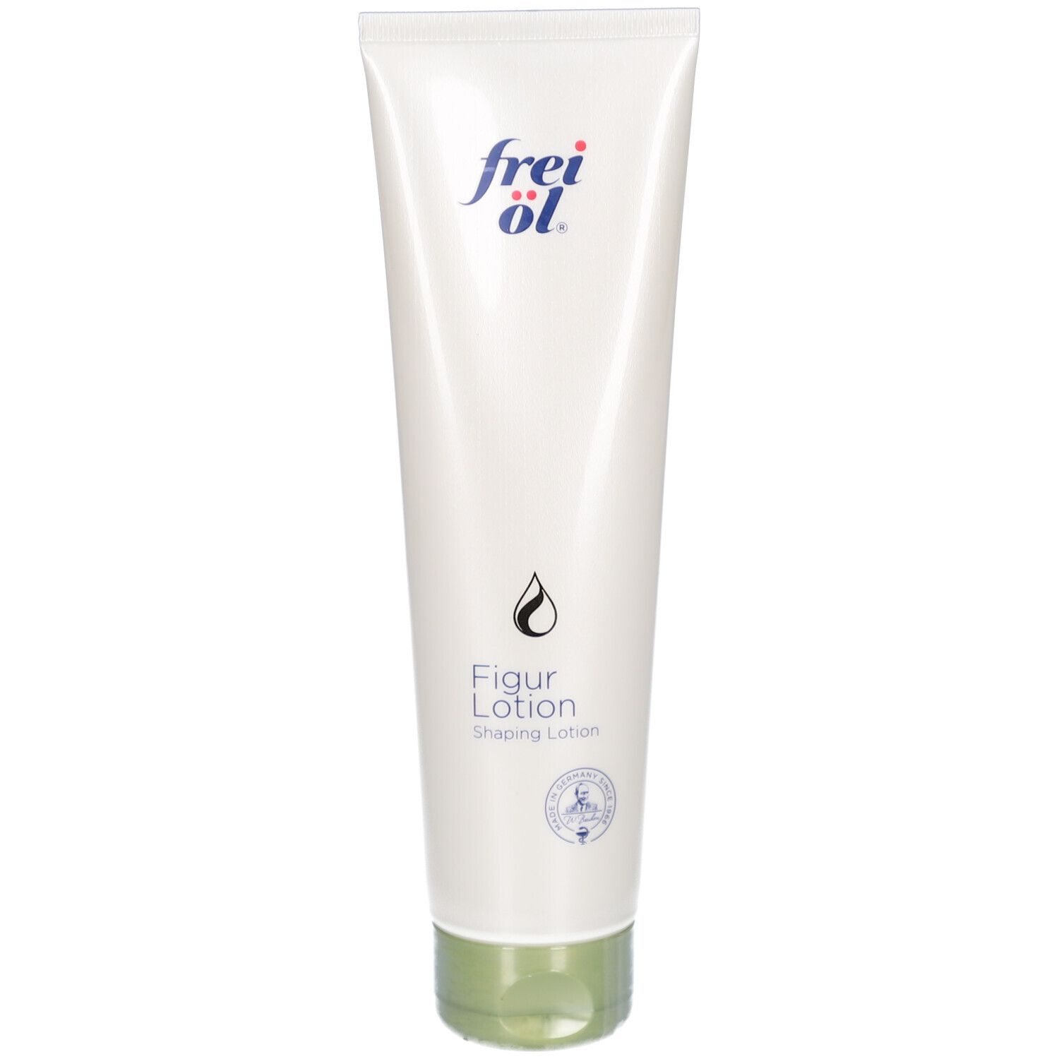 Tube blanche avec bouchon vert. Inscription frei öl. Figur Lotion. Symbole goutte. Logo de certification.