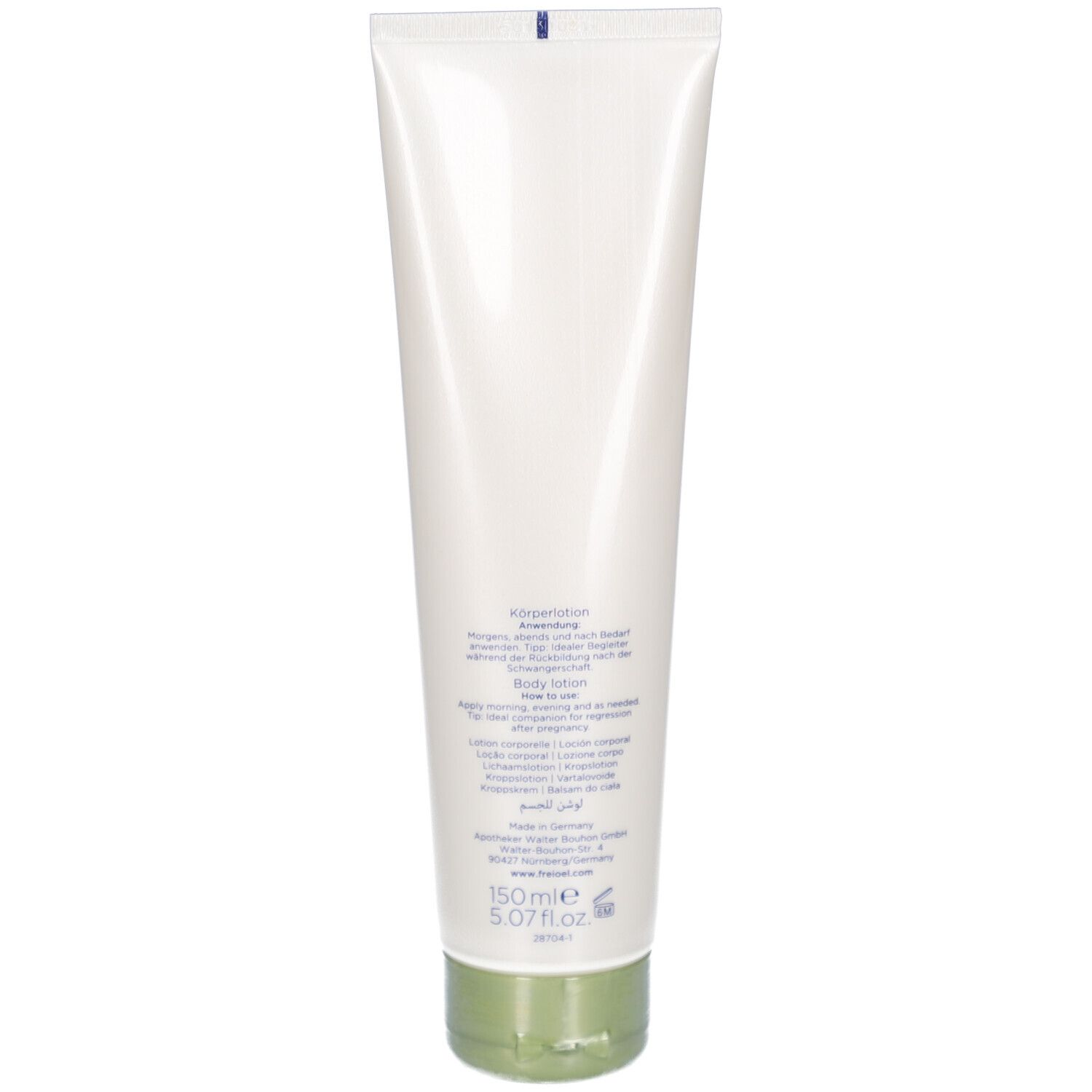 Dos du tube blanc. Texte multilingue. Bouchon vert. Indication de volume.