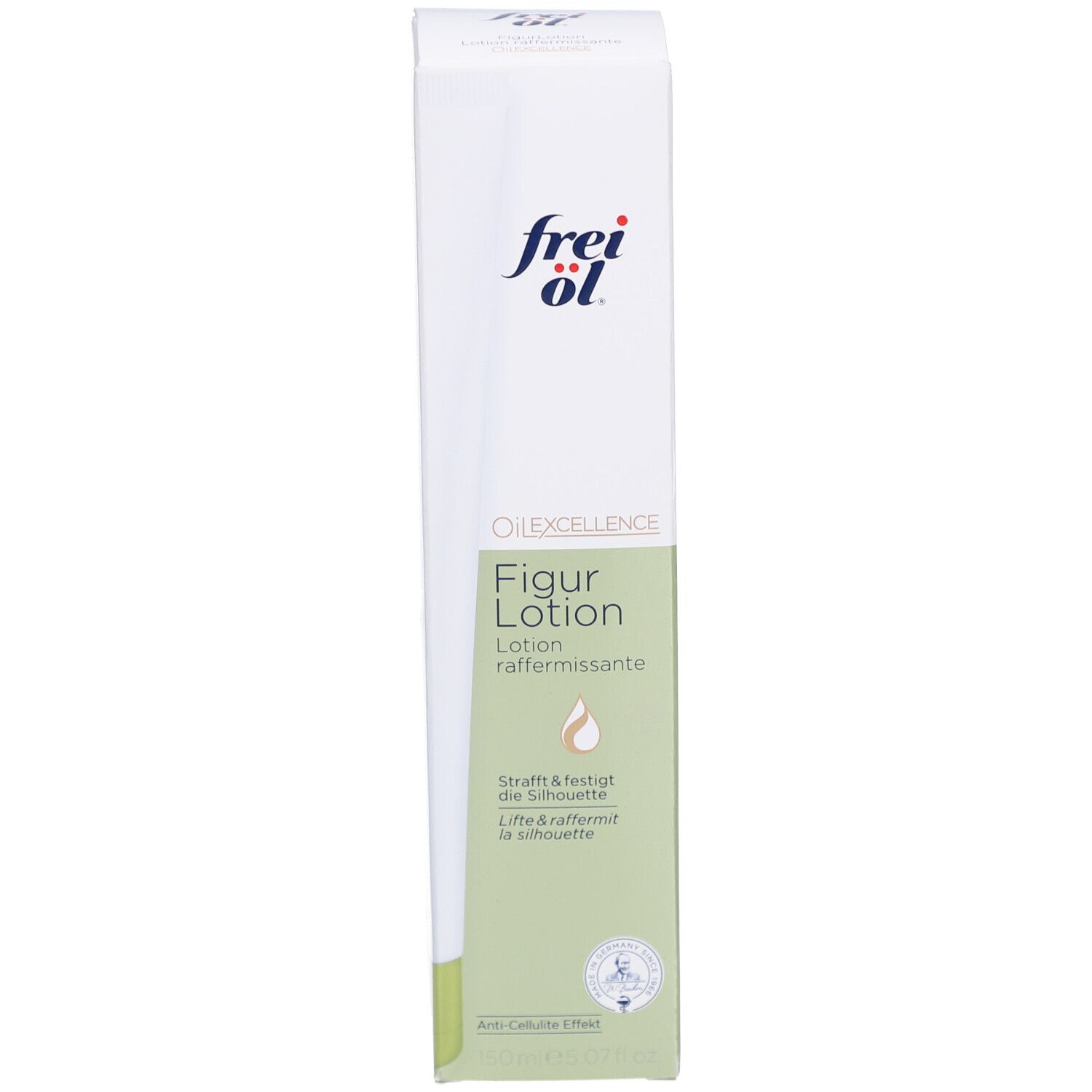 Boîte blanche avec accent vert. Inscription frei öl. Figur Lotion. Texte et logo.