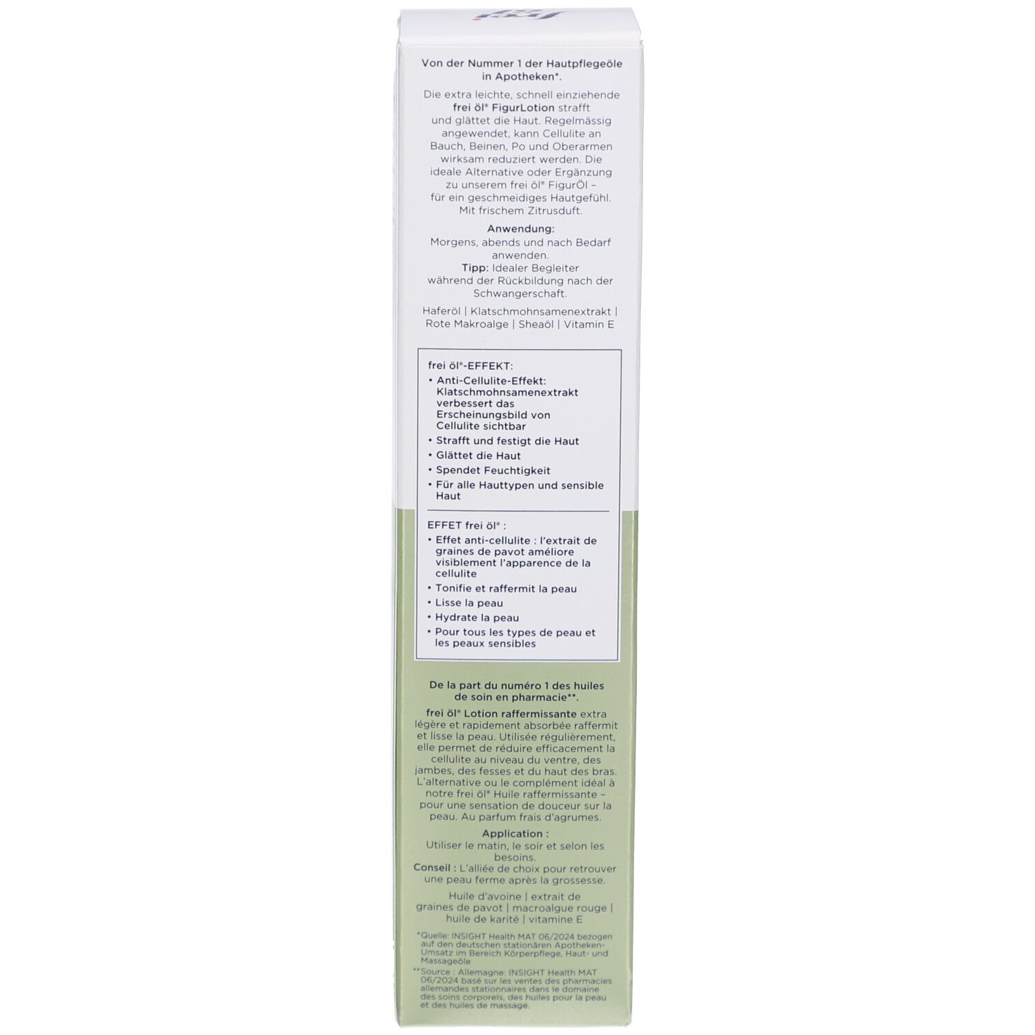 Vue détaillée de la boîte. Texte en allemand. Informations sur le produit. Logo de pharmacie.