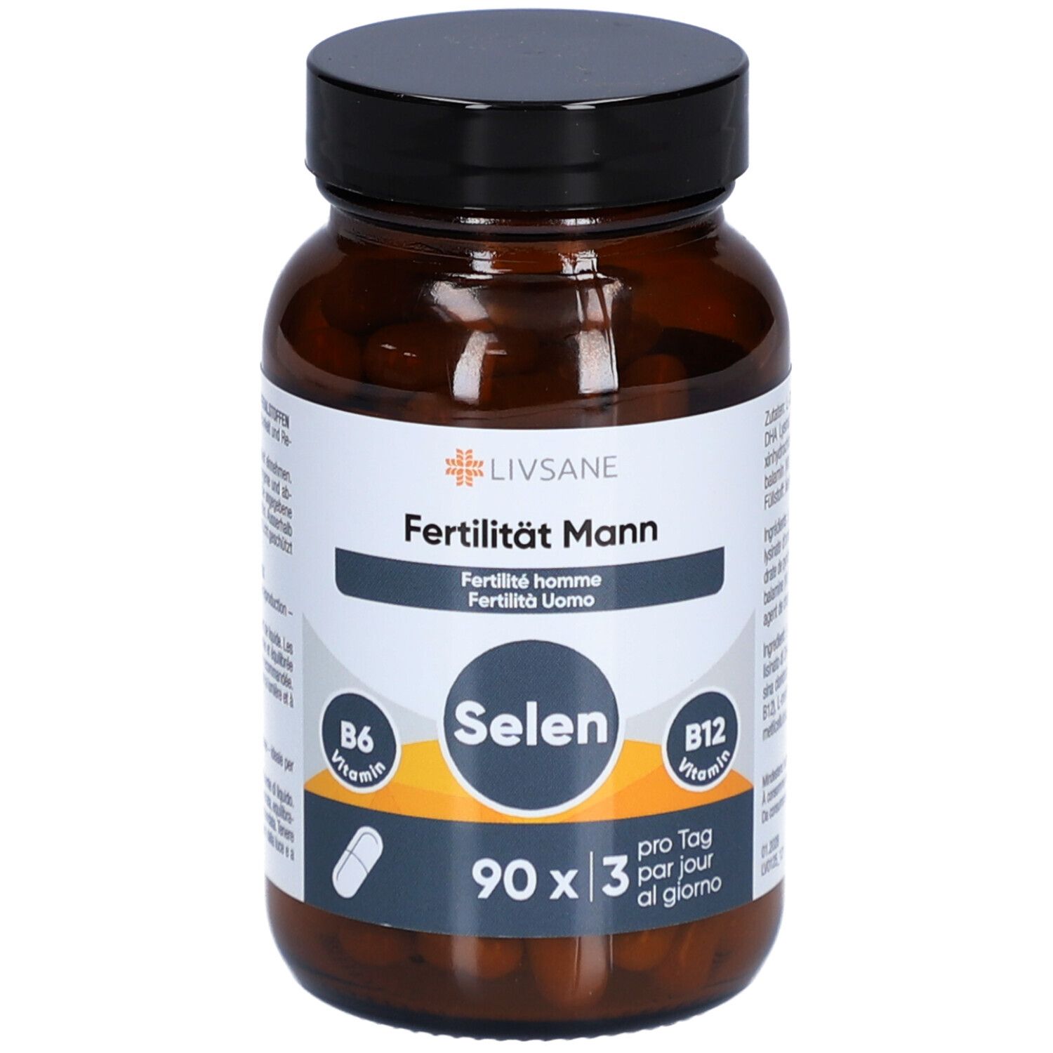 Flacon brun avec bouchon noir. Étiquette avec nom du produit, sélénium, B6, B12 et symbole de capsule. 90 gélules.