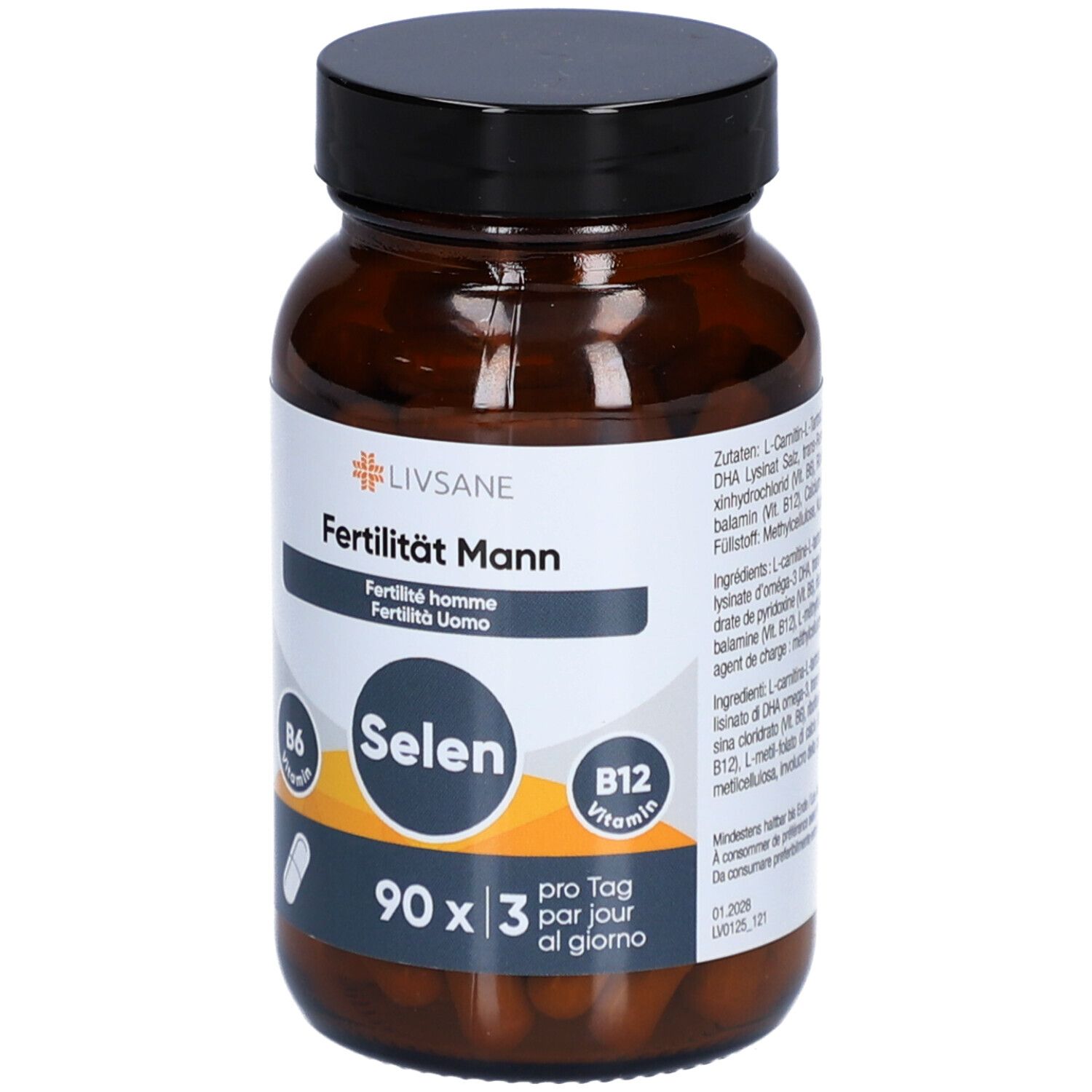 Flacon brun avec bouchon noir. Étiquette avec nom du produit, sélénium, B6, B12 et symbole de capsule. 90 gélules.