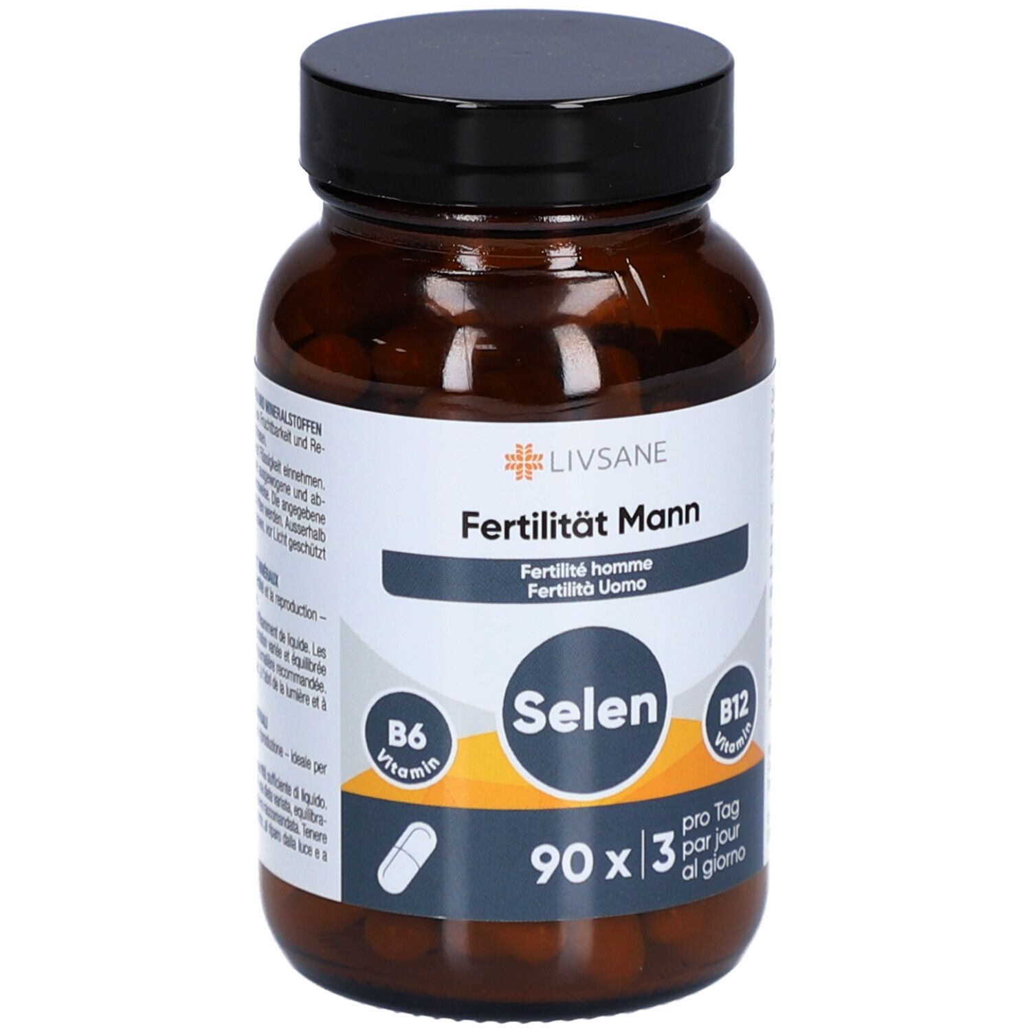 Flacon brun avec bouchon noir. Étiquette avec nom du produit, sélénium, B6, B12 et symbole de capsule. 90 gélules.