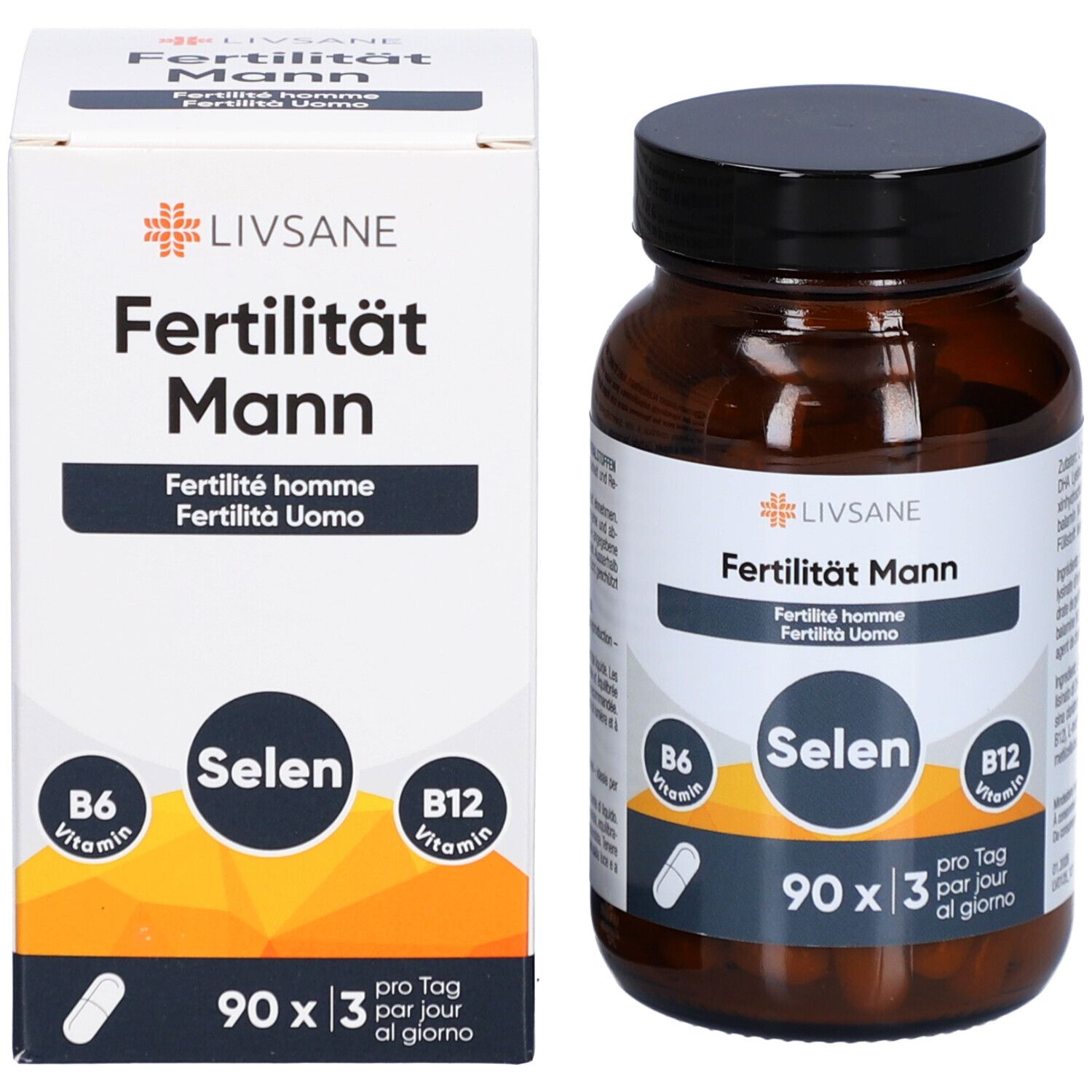 Flacon et emballage côte à côte. Emballage avec nom du produit, sélénium, B6, B12 et symbole de capsule. 90 gélules.