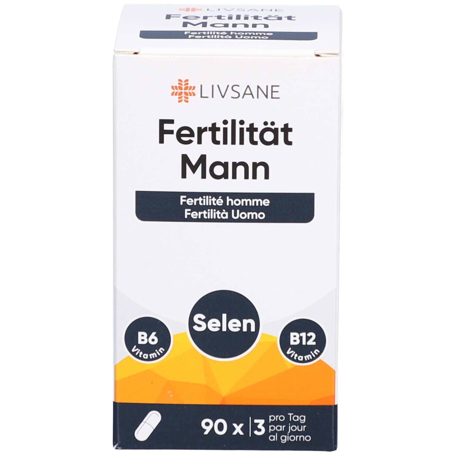 Emballage du produit avec nom, sélénium, B6, B12 et symbole de capsule. 90 gélules.