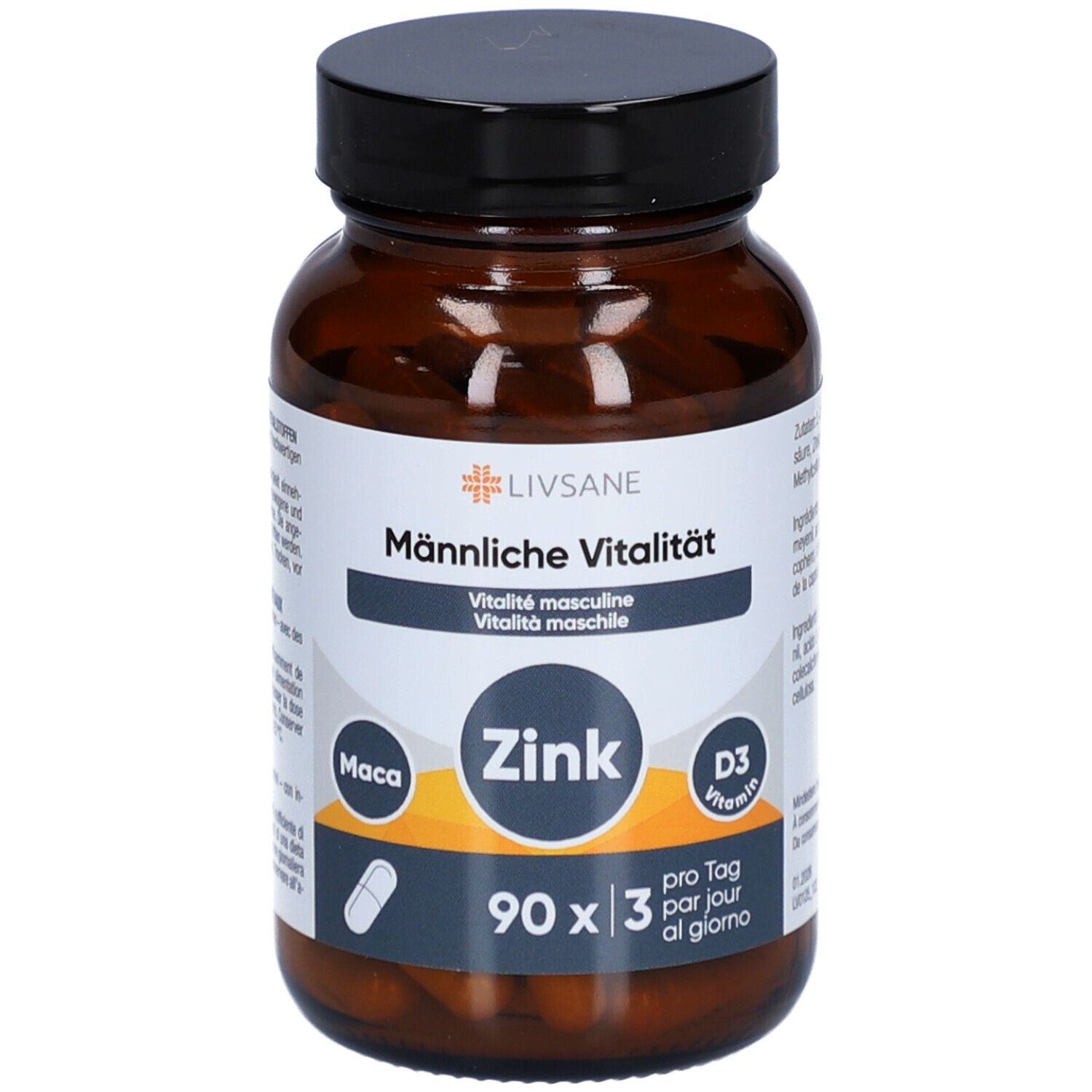 Flacon en verre brun avec capsules. Inscription: LIVSANE Vitalité masculine, Zinc, Vitamine D3. 90 capsules.