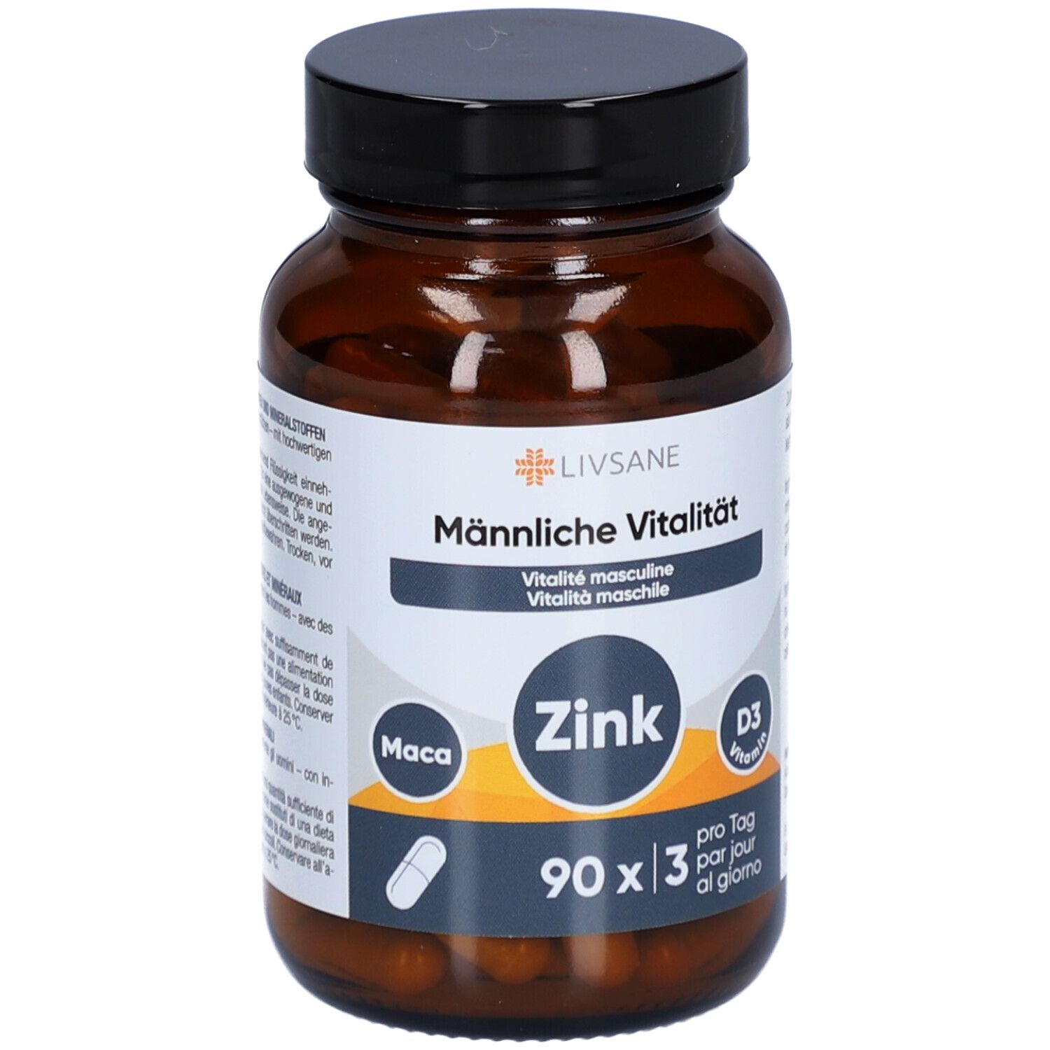 Flacon en verre brun avec capsules. Inscription: LIVSANE Vitalité masculine, Zinc, Vitamine D3. 90 capsules.