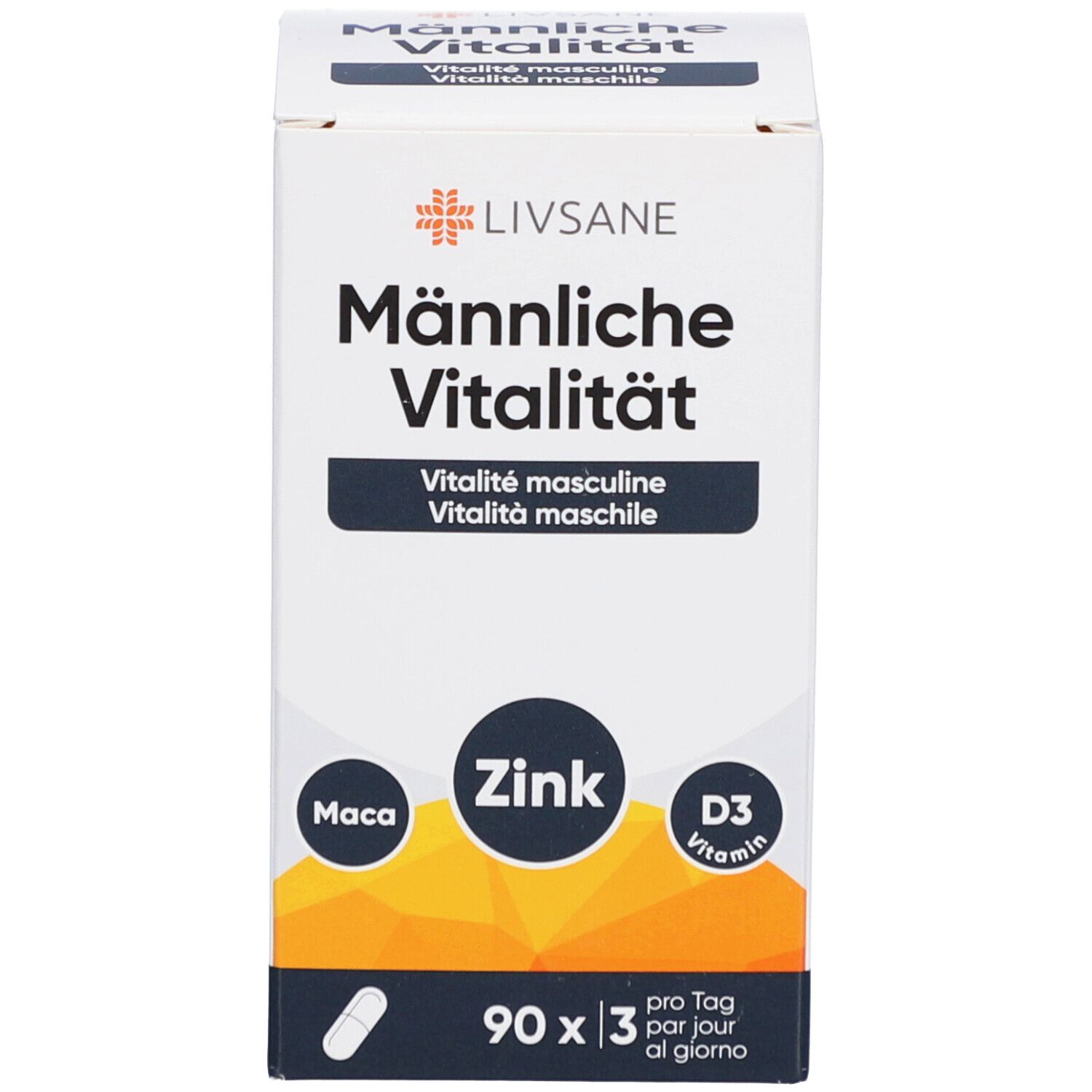 Emballage du produit. Inscription: LIVSANE Vitalité masculine, Zinc, Vitamine D3. 90 capsules.