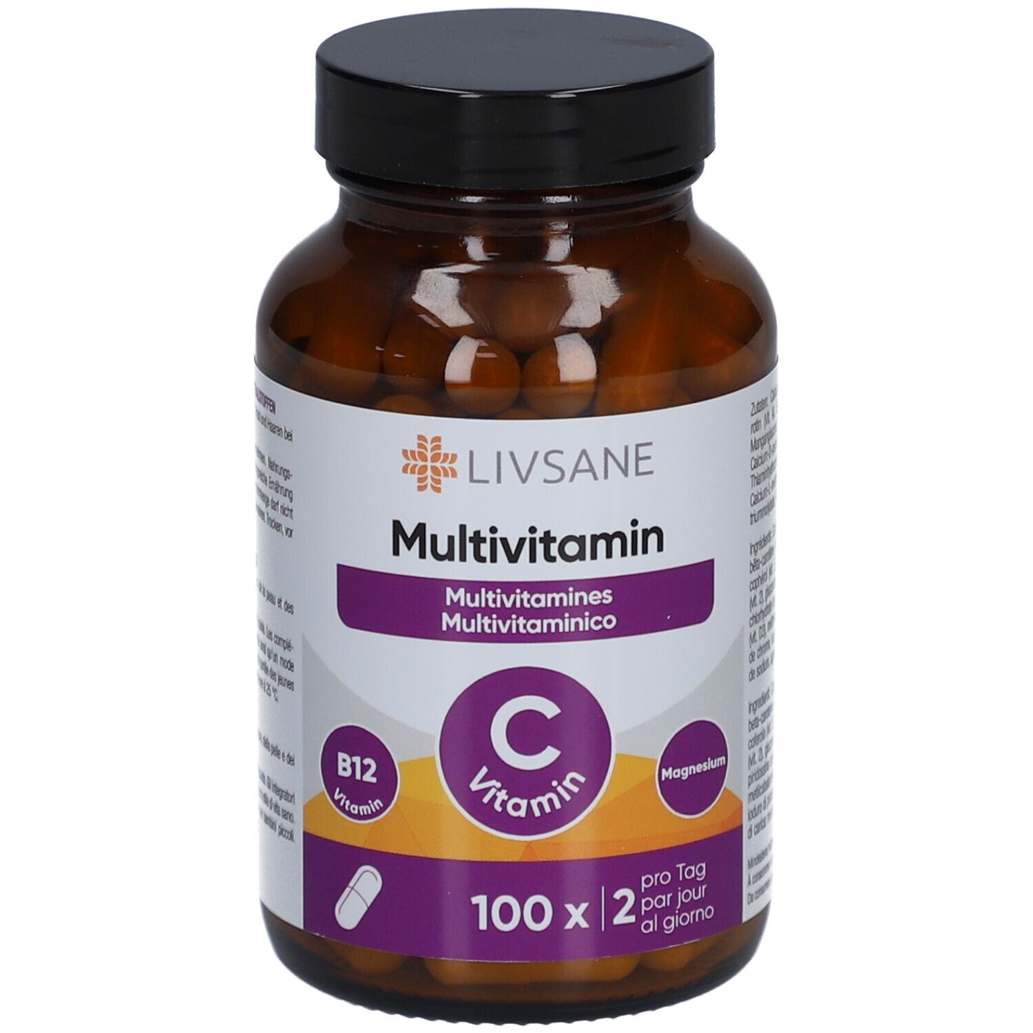 Flacon en verre brun avec bouchon noir. Étiquette LIVSANE Multivitamine, Vitamine C, B12 et Magnésium. 100 gélules.