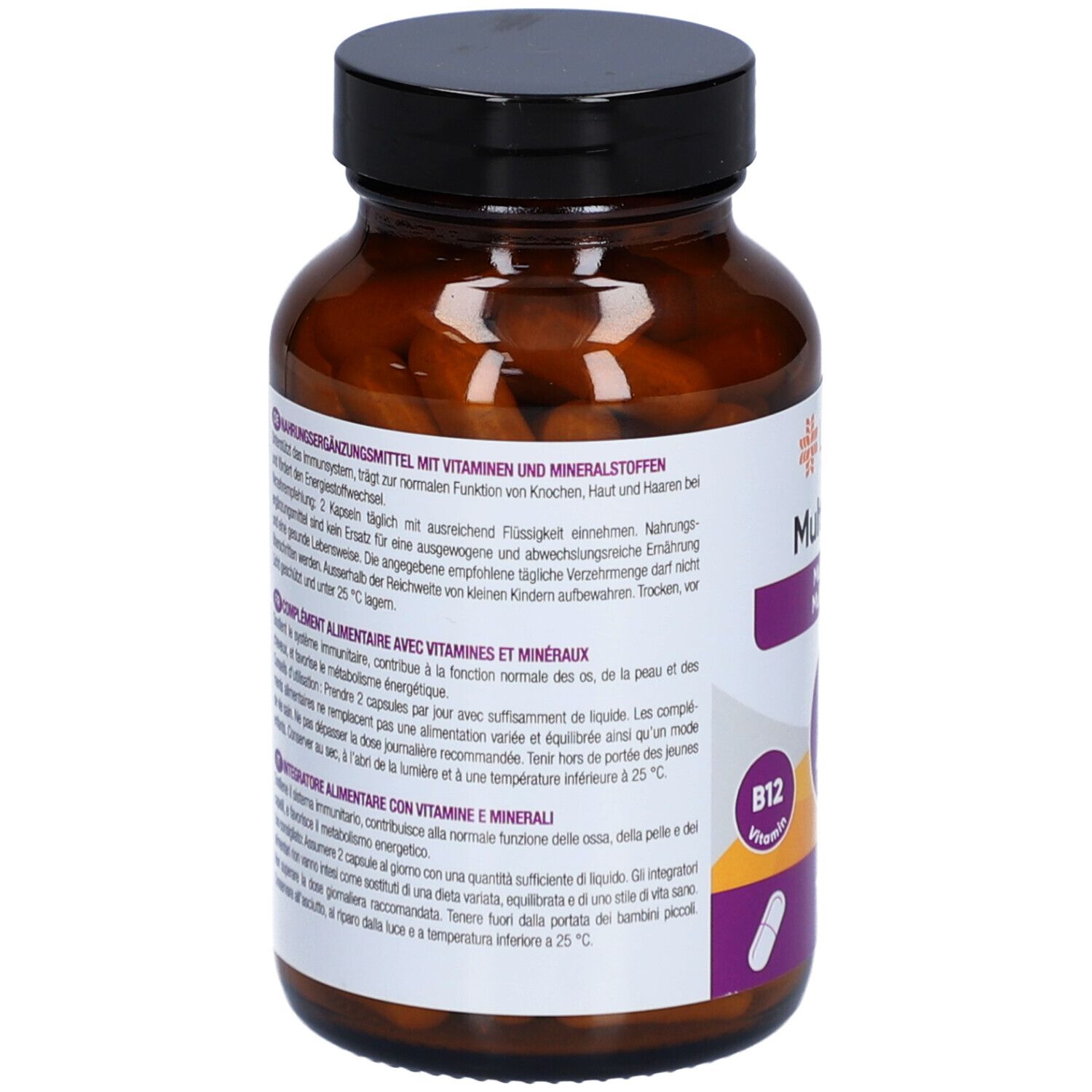 Flacon en verre brun avec bouchon noir. Étiquette avec texte sur ingrédients et utilisation. LIVSANE Multivitamine, Vitamine C, B12.
