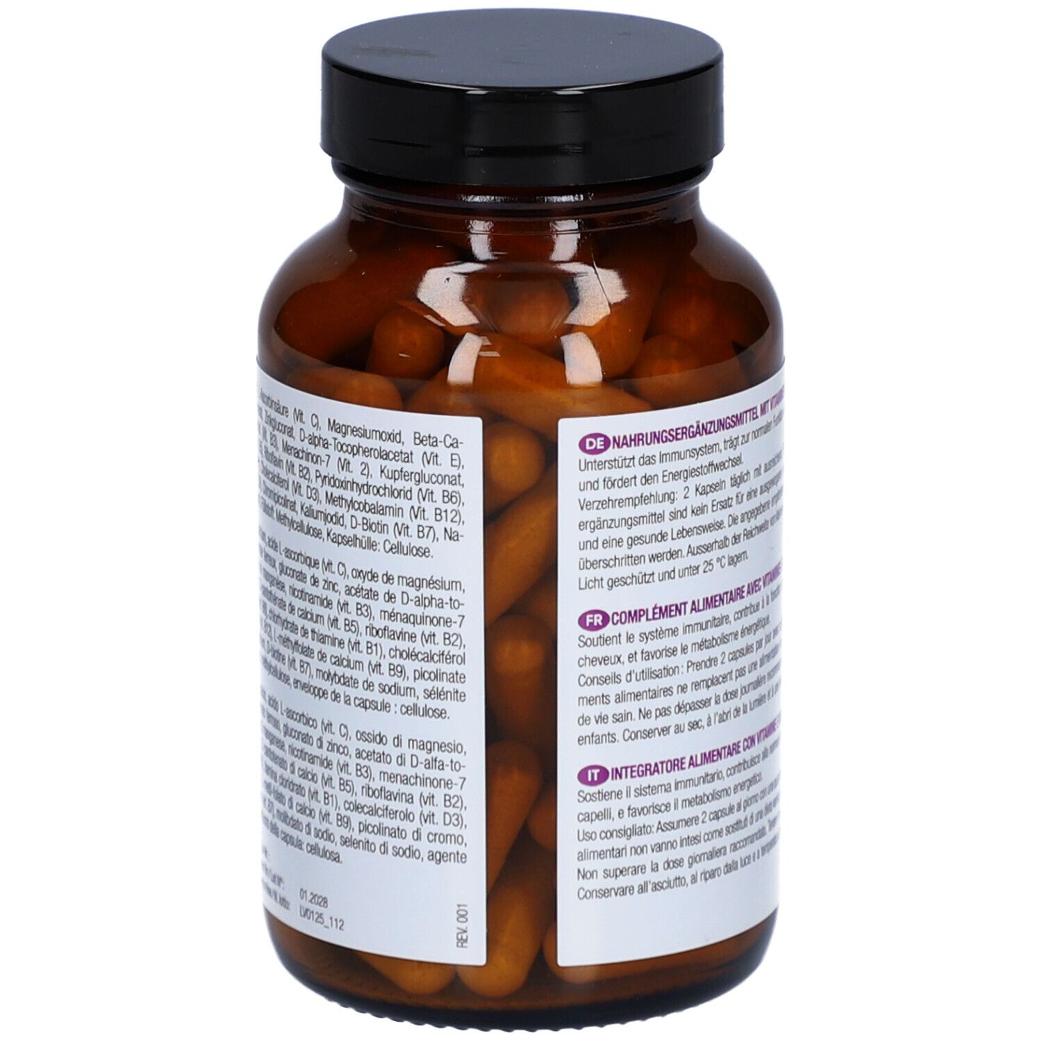 Flacon en verre brun avec bouchon noir. Étiquette avec liste des ingrédients. LIVSANE Multivitamine, Vitamine C, B12 et Magnésium.