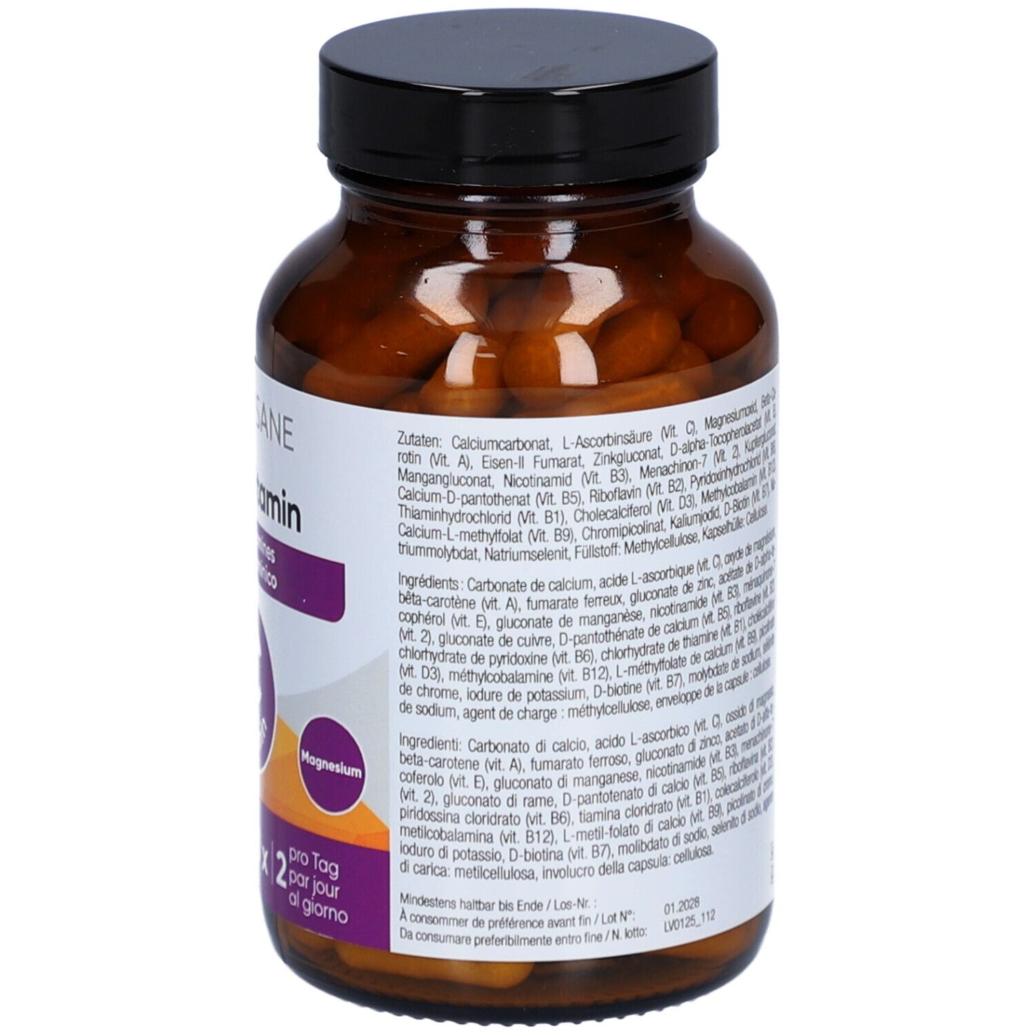 Flacon en verre brun avec bouchon noir. Étiquette avec liste des ingrédients. LIVSANE Multivitamine, Vitamine C, B12 et Magnésium.