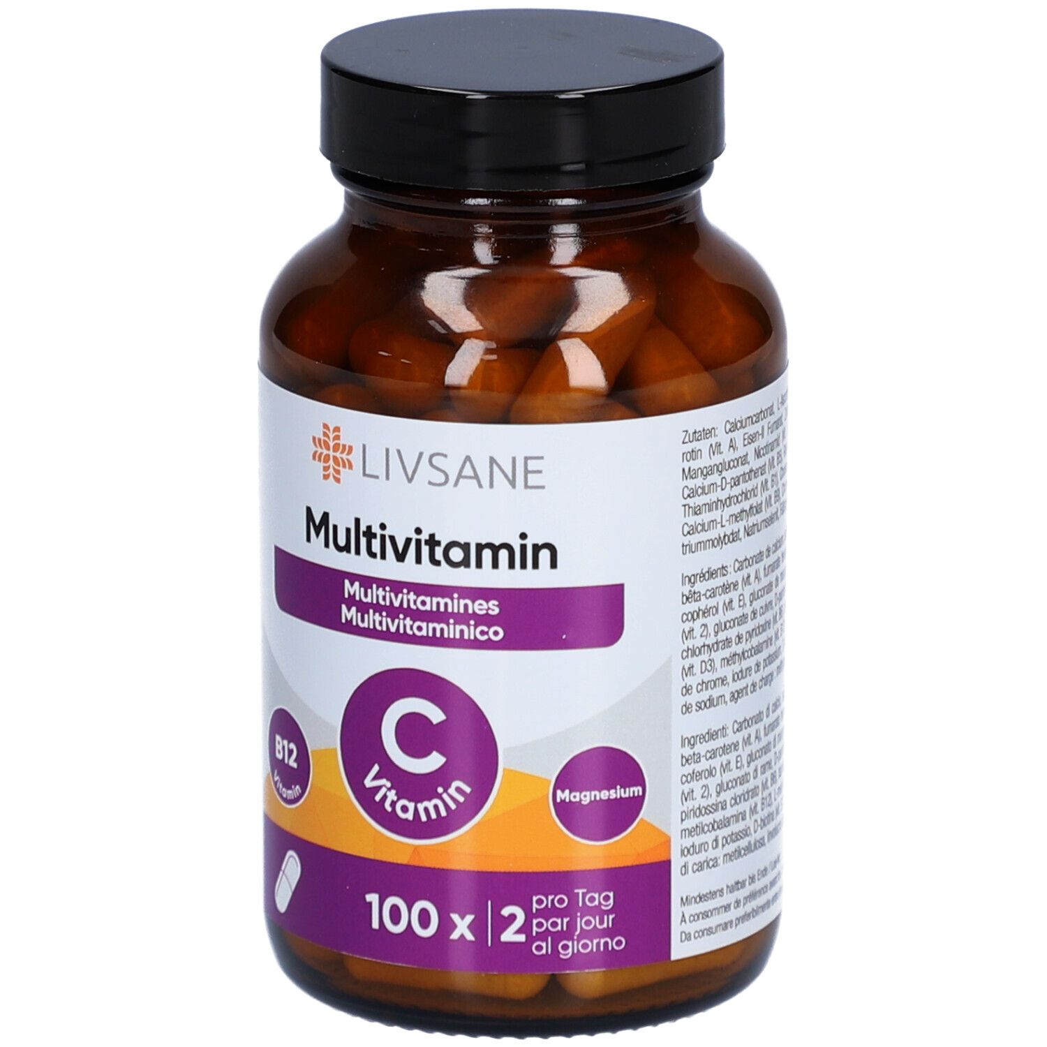 Flacon en verre brun avec bouchon noir. Étiquette LIVSANE Multivitamine, Vitamine C, B12 et Magnésium. 100 gélules.