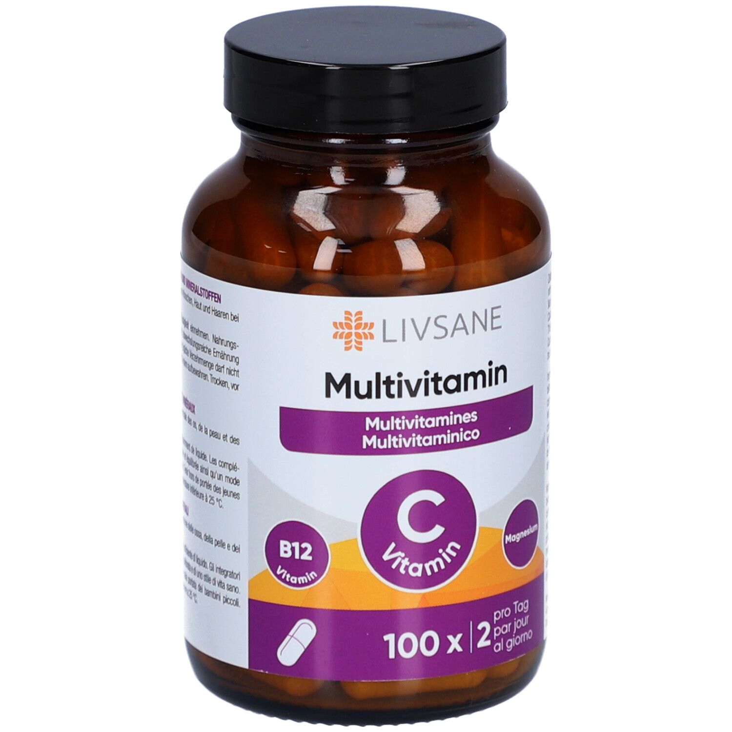 Flacon en verre brun avec bouchon noir. Étiquette LIVSANE Multivitamine, Vitamine C, B12 et Magnésium. 100 gélules.