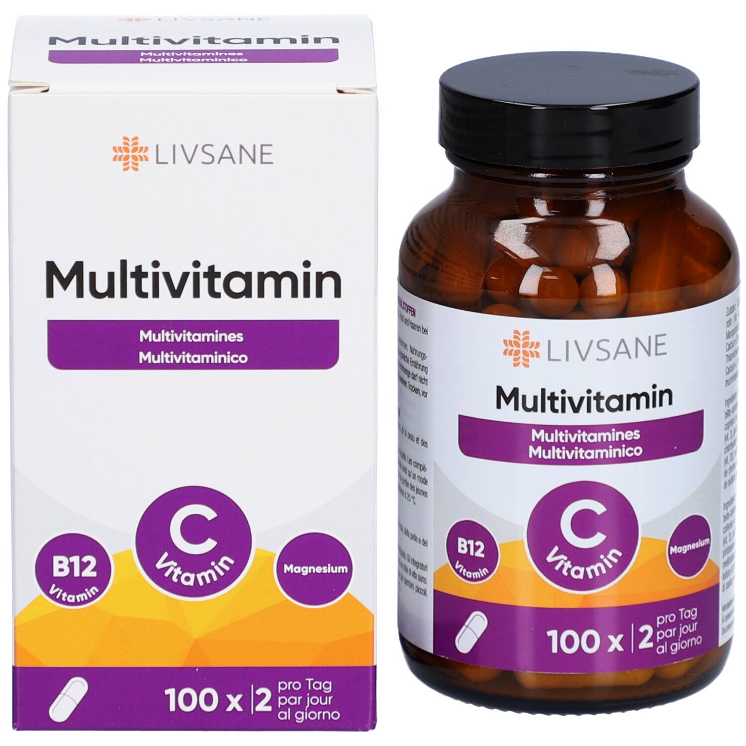 Boîte et flacon LIVSANE Multivitamine. Boîte avec logo LIVSANE, Multivitamine, Vitamine C, B12 et Magnésium. 100 gélules.