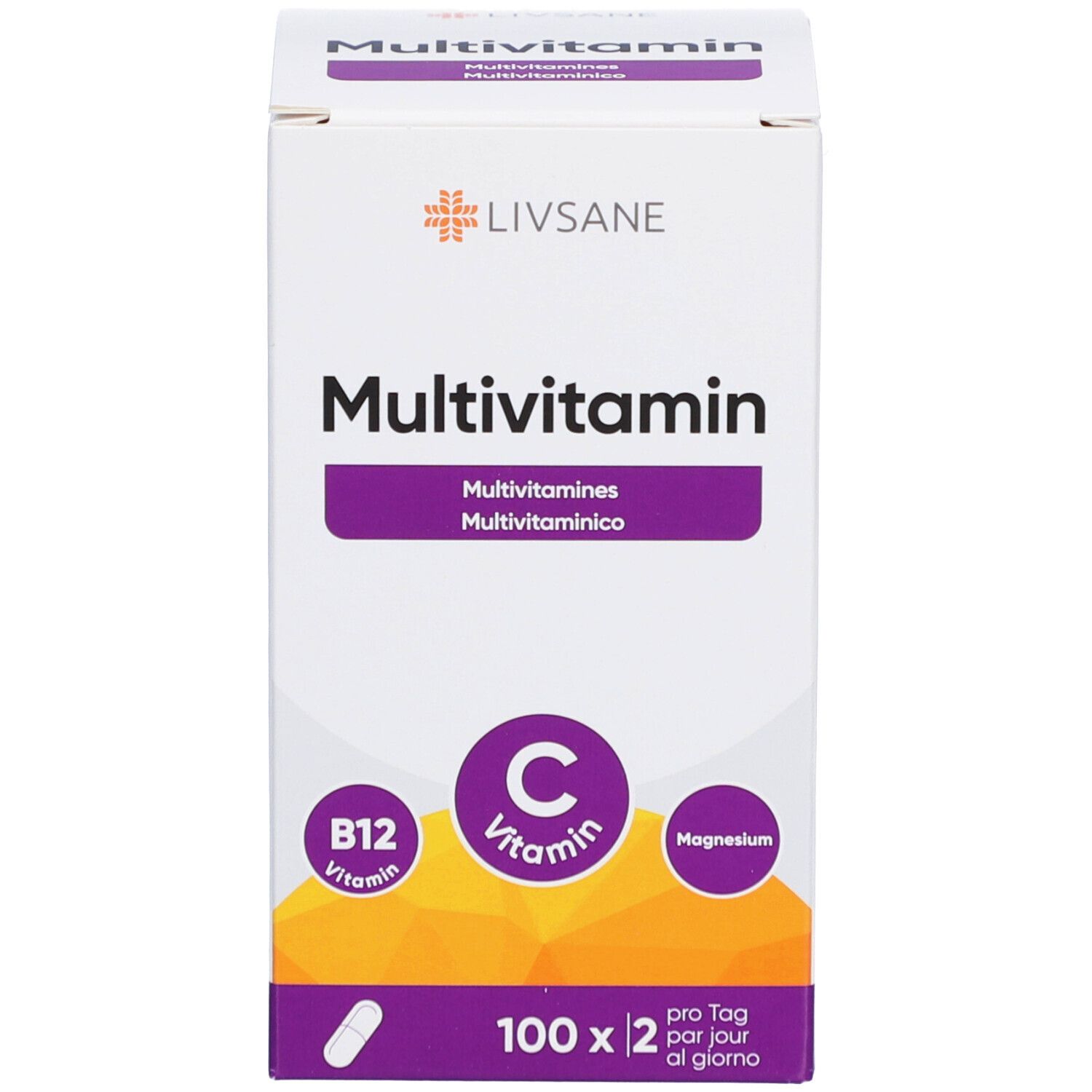 Boîte LIVSANE Multivitamine. Boîte avec logo LIVSANE, Multivitamine, Vitamine C, B12 et Magnésium. 100 gélules.