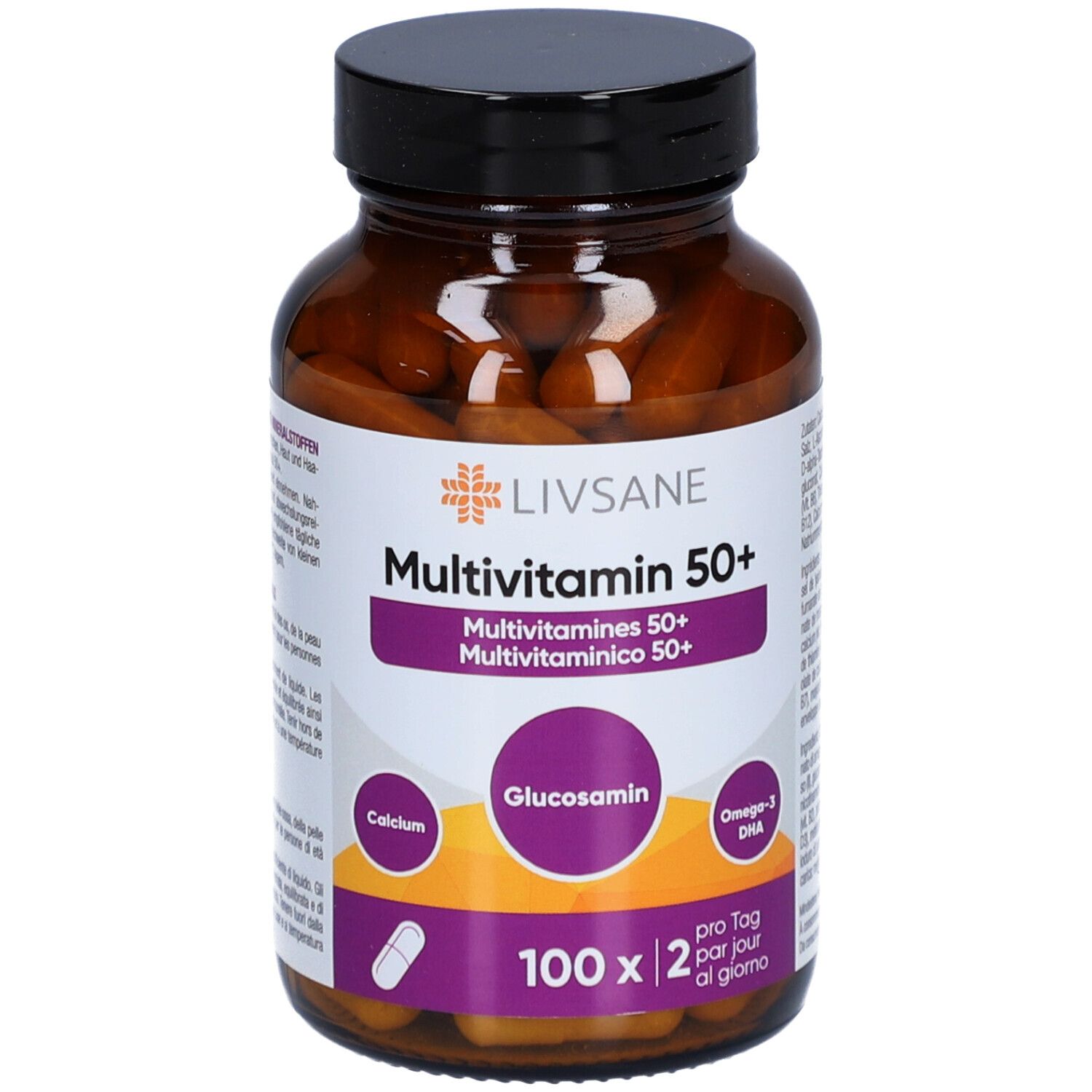 Flacon en verre brun avec gélules LIVSANE Multivitamine 50+. Étiquette avec nom du produit, ingrédients et dosage.