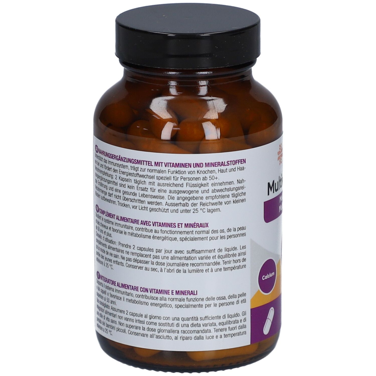 Dos du flacon en verre brun avec gélules LIVSANE Multivitamine 50+. Texte en allemand, français et italien.