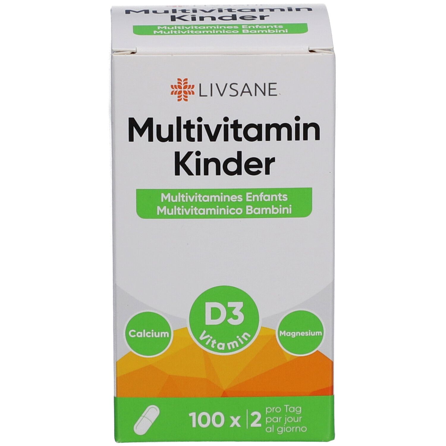 Emballage blanc avec nom, ingrédients et dosage. Couleurs vert et blanc.