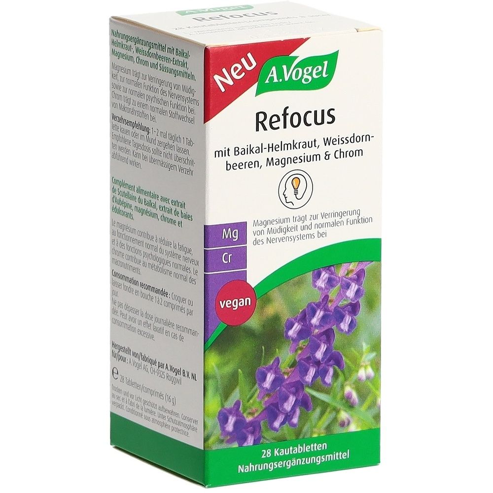 Boîte de comprimés à croquer A. Vogel Refocus. Carton blanc avec nom et ingrédients. 28 comprimés, vegan.