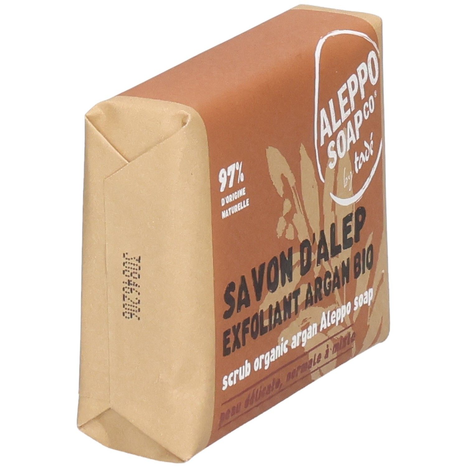Savon d'Alep, 100g, exfoliant, argan bio, vue latérale.