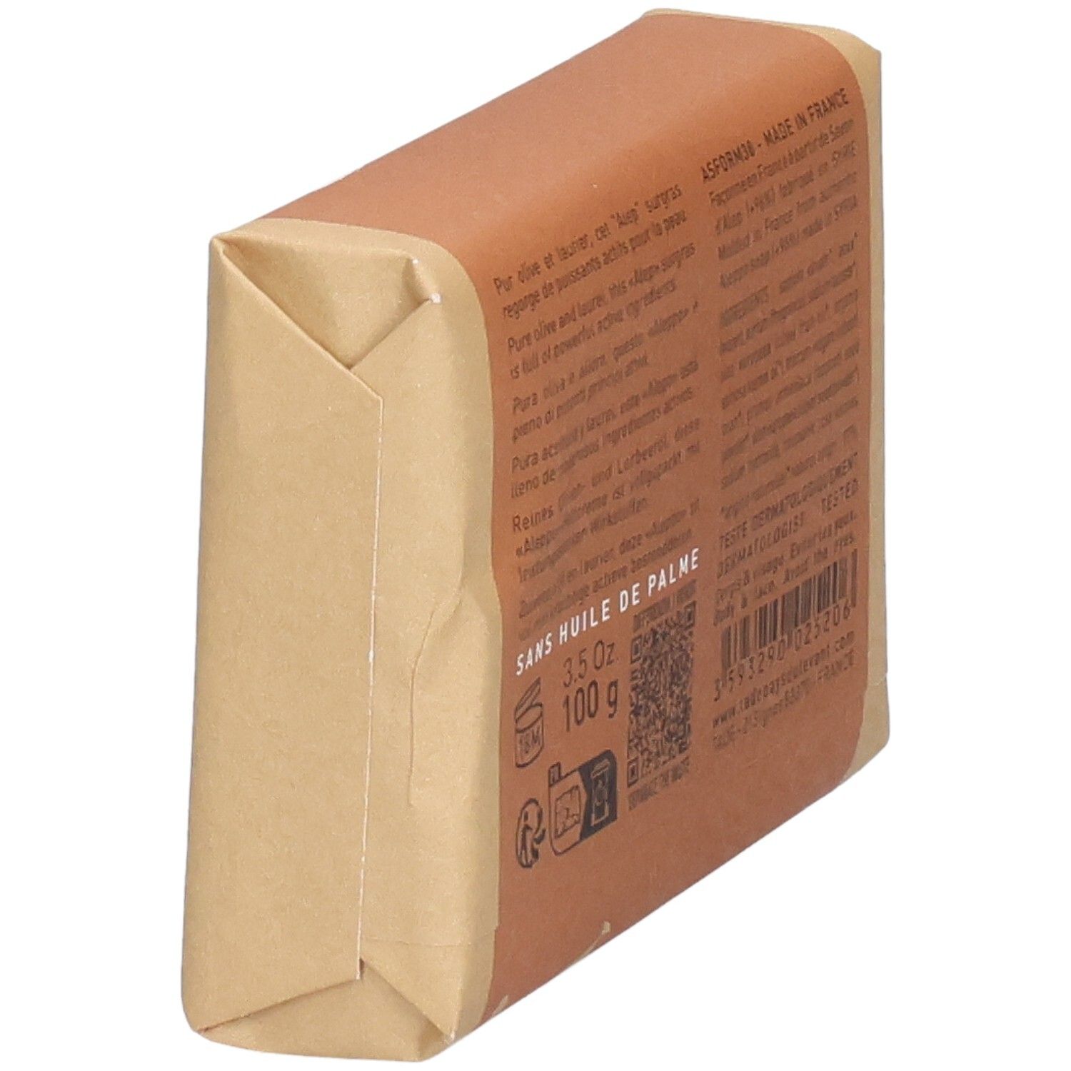 Savon d'Alep, 100g, exfoliant, argan bio, en arrière oblique.