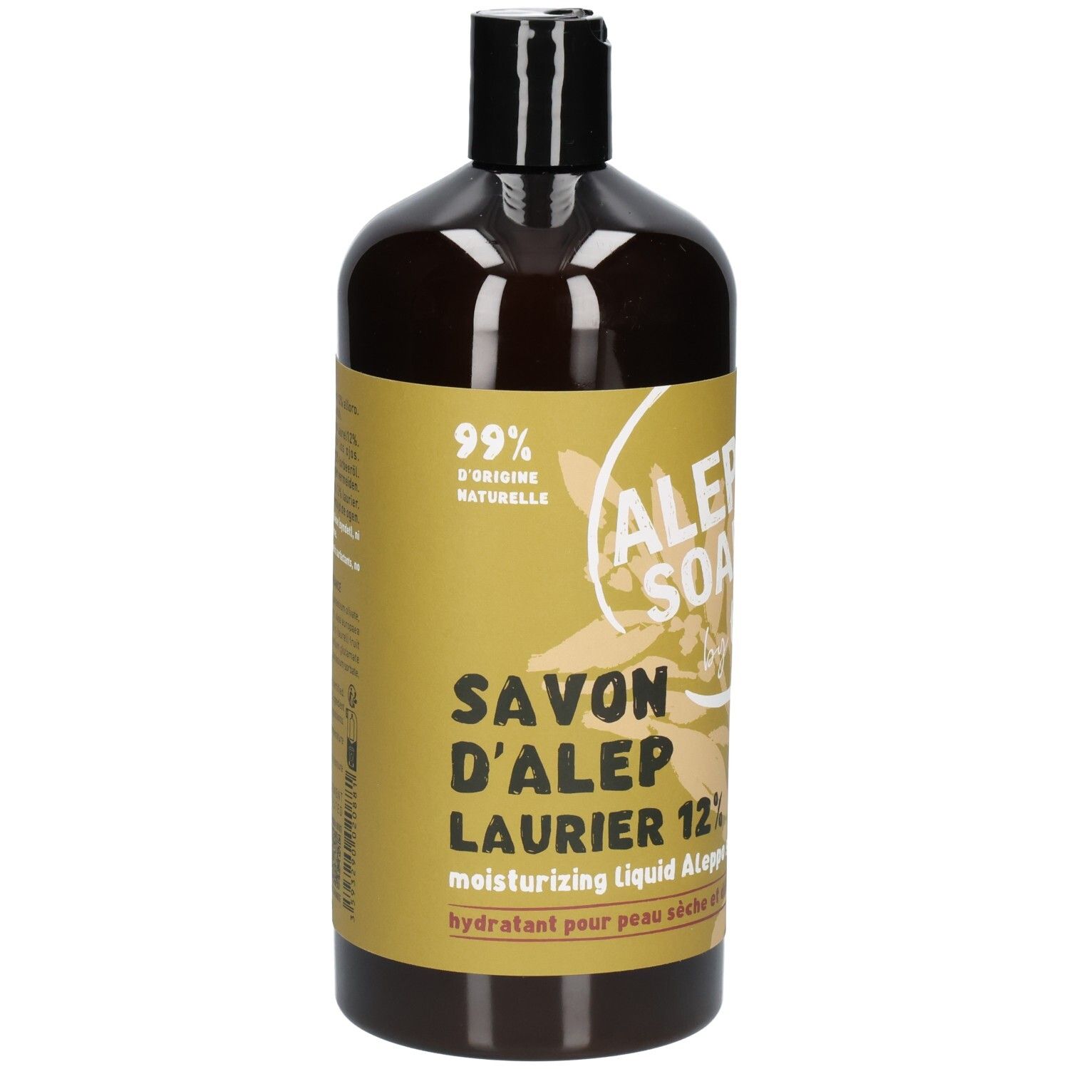 Savon liquide dans une bouteille foncée avec étiquette jaune. 99% d'ingrédients naturels.