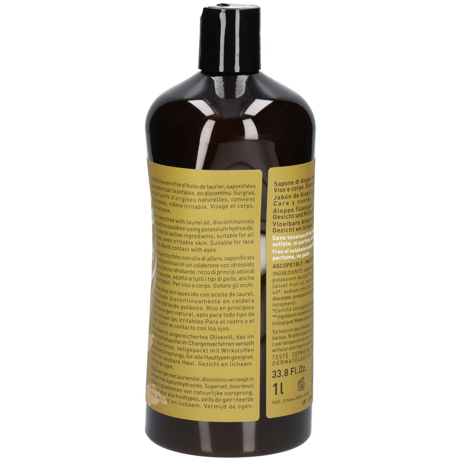 Arrière d'une bouteille foncée de savon liquide avec informations produit multilingues et ingrédients.