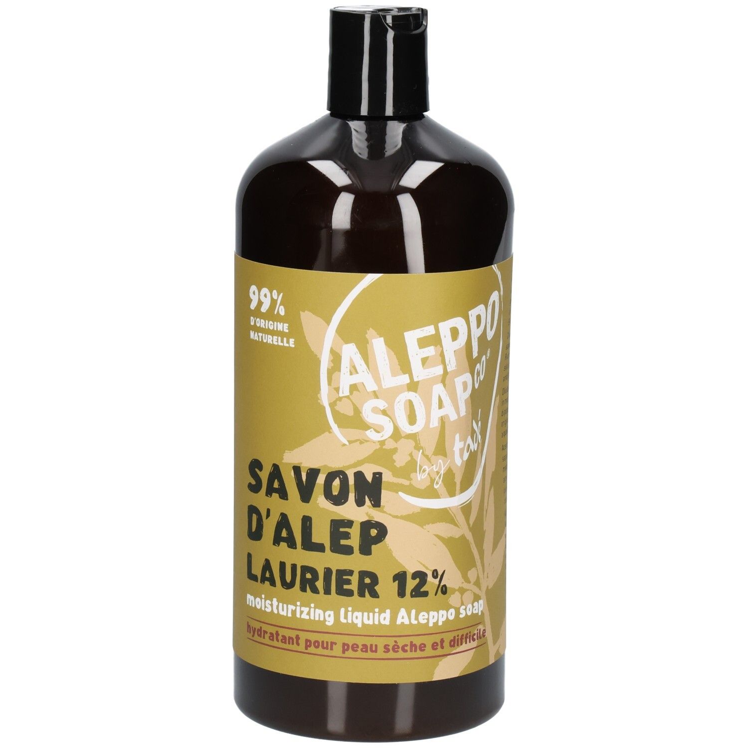 Savon liquide dans une bouteille foncée avec étiquette jaune. "Savon d'Alep Laurier 12%" et "Aleppo Soap Co."