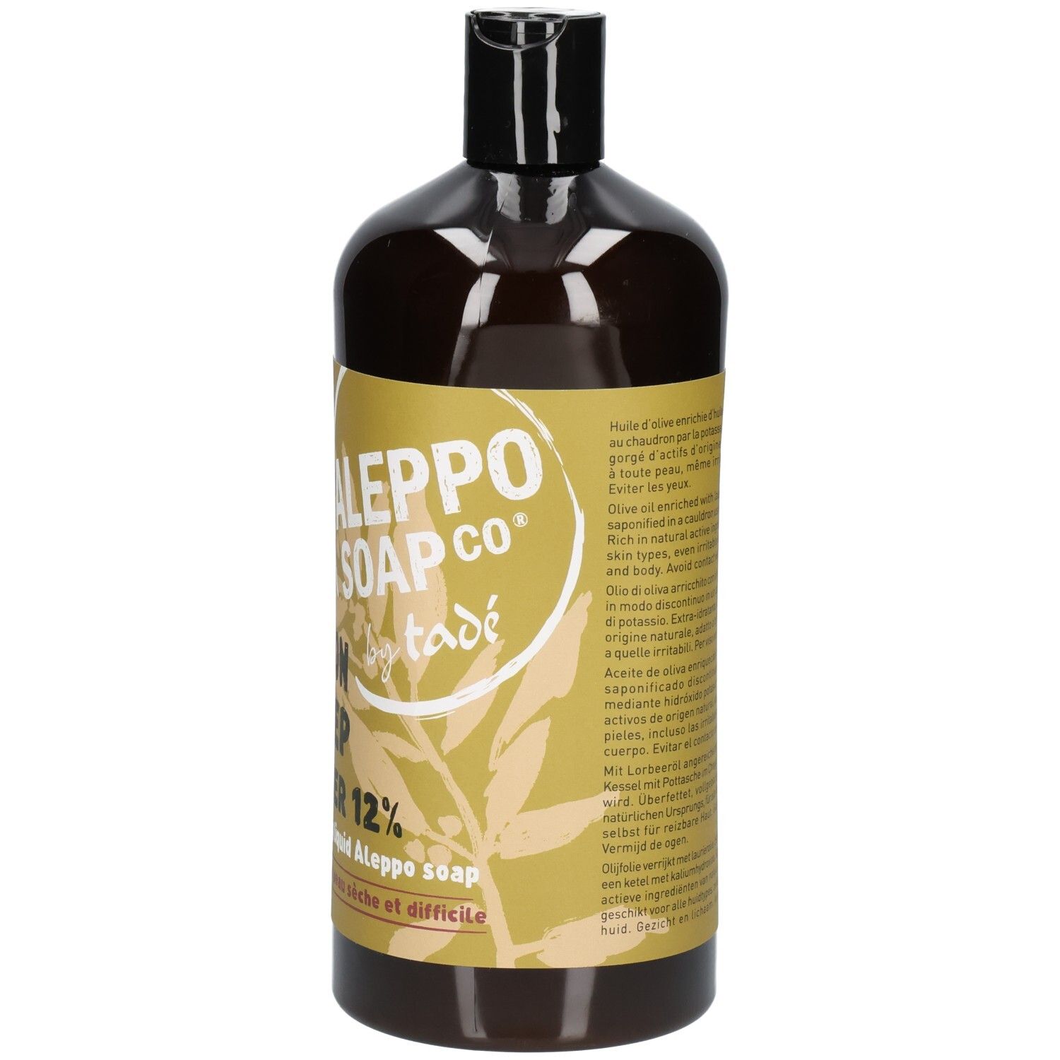 Savon liquide dans une bouteille foncée. L'étiquette indique "Aleppo Soap Co. by tadé" et des feuilles de laurier.