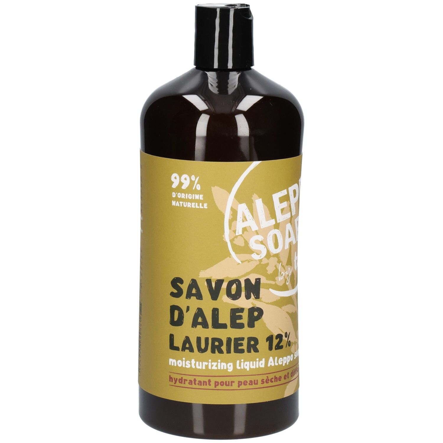 Savon liquide dans une bouteille foncée avec étiquette jaune. "Savon d'Alep Laurier 12%" et "99% d'origine naturelle".
