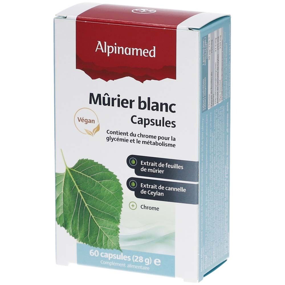 Boîte Alpinamed Mûrier blanc Capsules. Ingrédients et informations nutritionnelles. Logo végan et illustration de feuille.