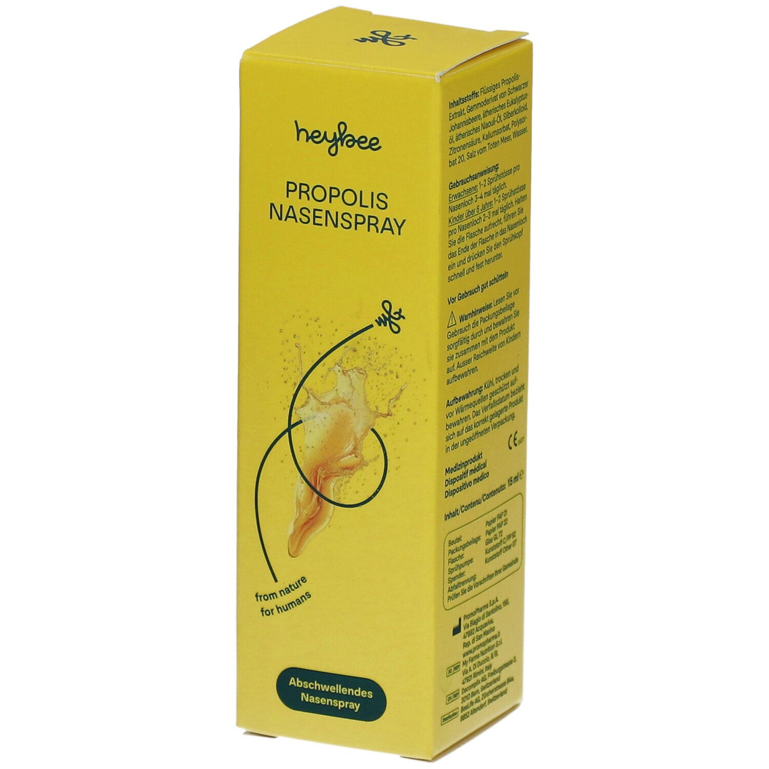 Boîte jaune avec nom et logo du produit. Texte : Propolis Nasenspray abschwellend. Illustration d'un nez avec brouillard de pulvérisation.