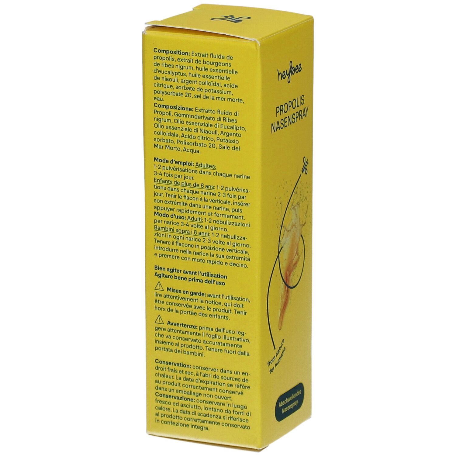 Boîte jaune, dos avec texte. Contient des informations sur les ingrédients, l'utilisation et les avertissements. Texte en allemand.