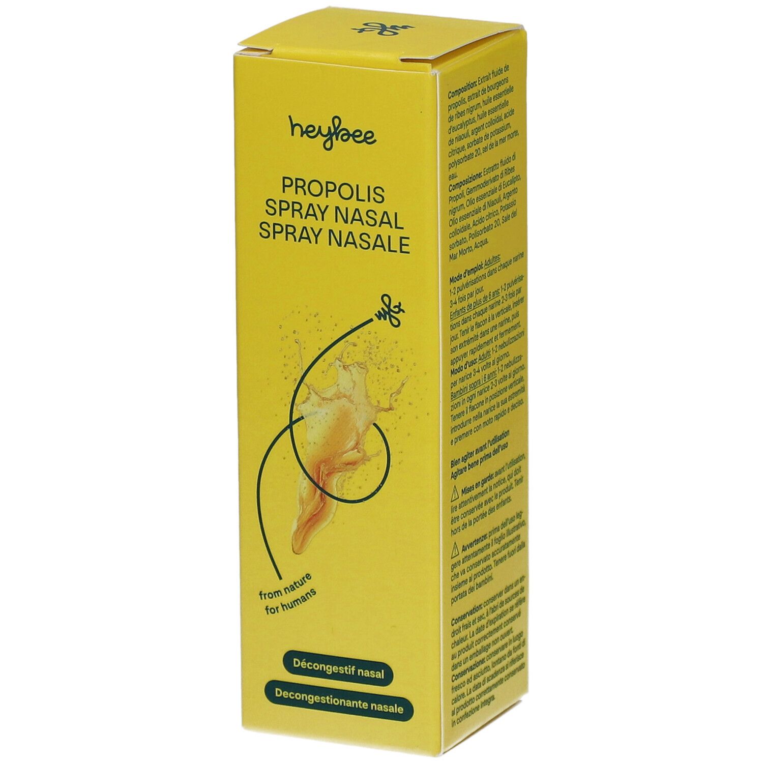 Boîte jaune avec nom et logo du produit. Texte : Propolis Spray Nasal Spray Nasale. Illustration d'un nez avec brouillard.